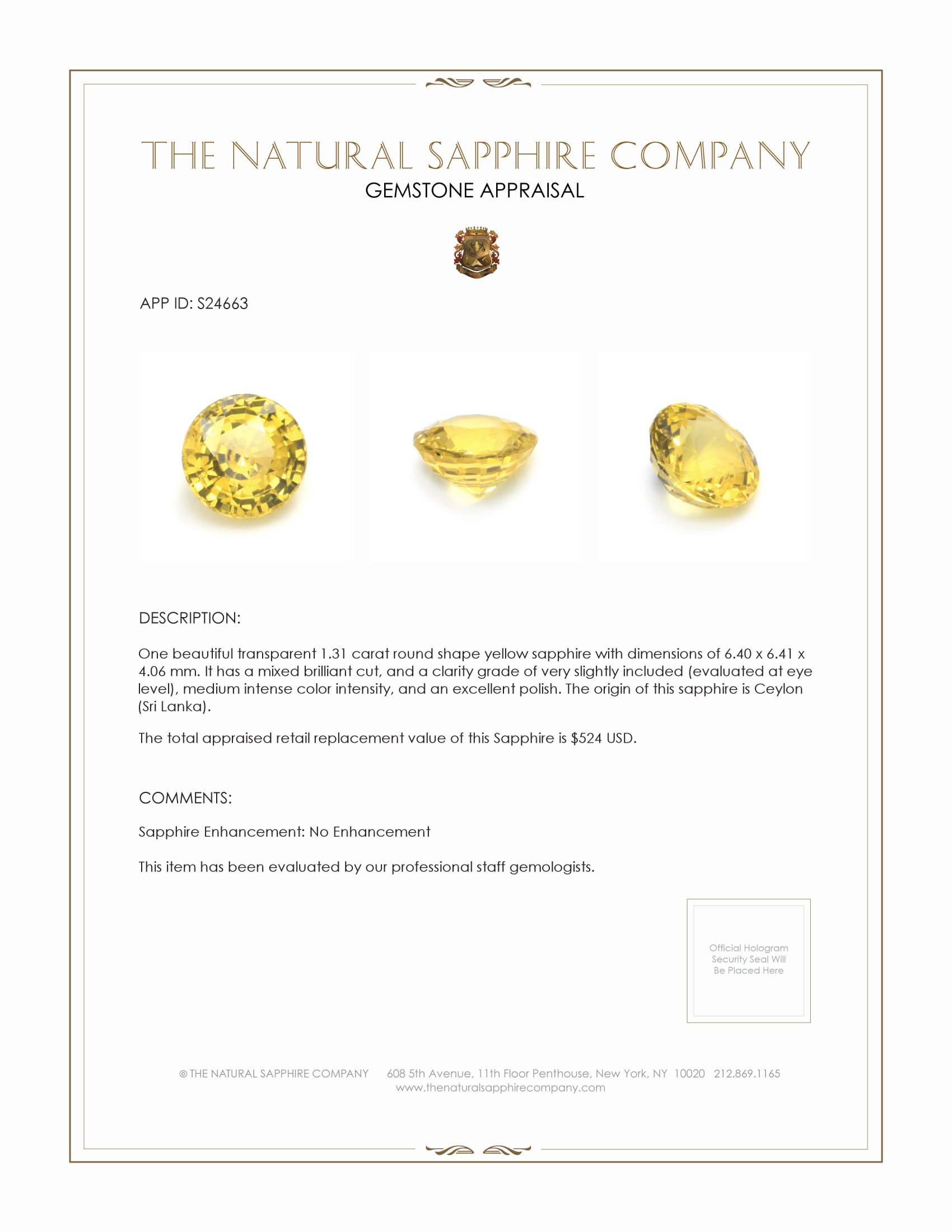 1.31 Ct. Yellow Sapphire from Ceylon (Sri Lanka)