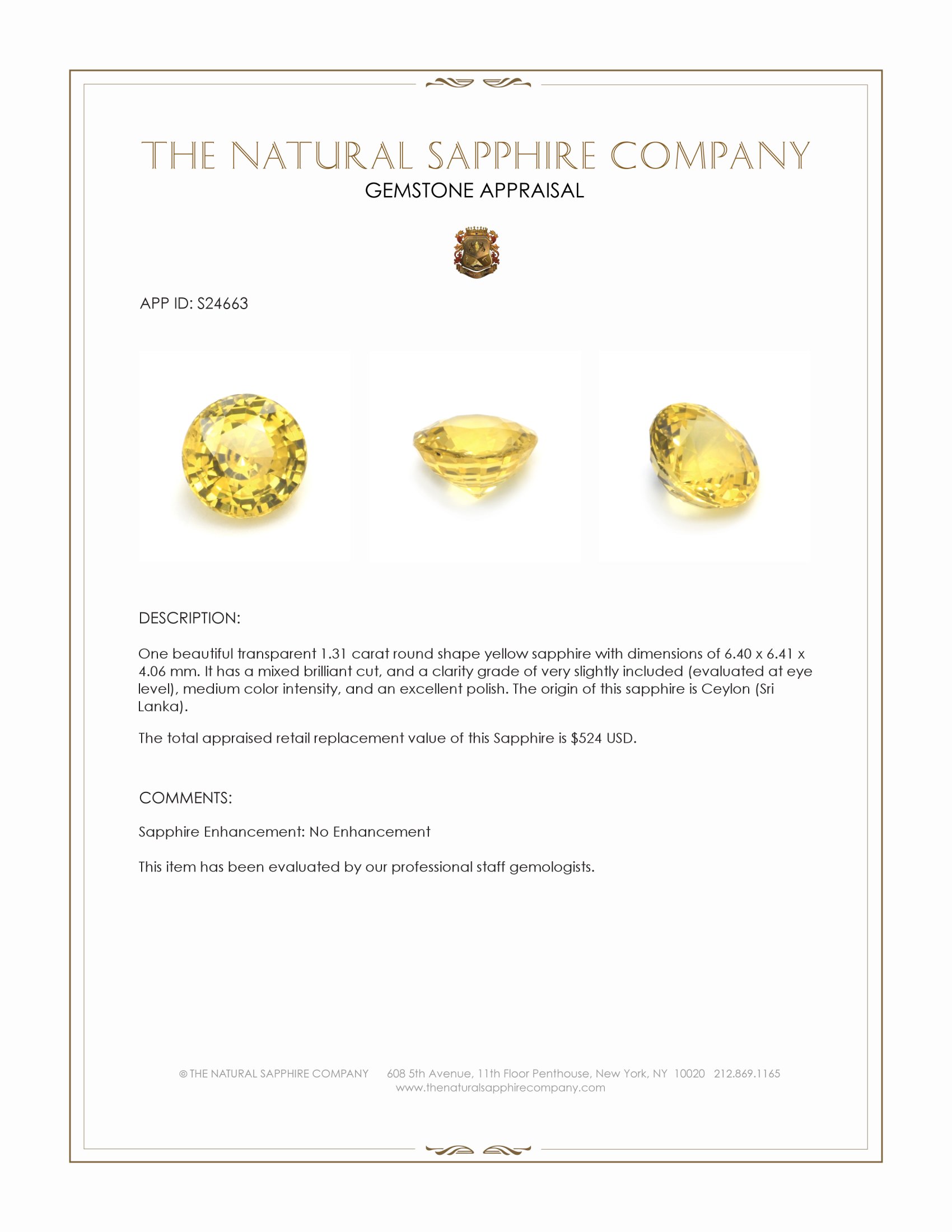 1.31 Ct. Yellow Sapphire from Ceylon (Sri Lanka)