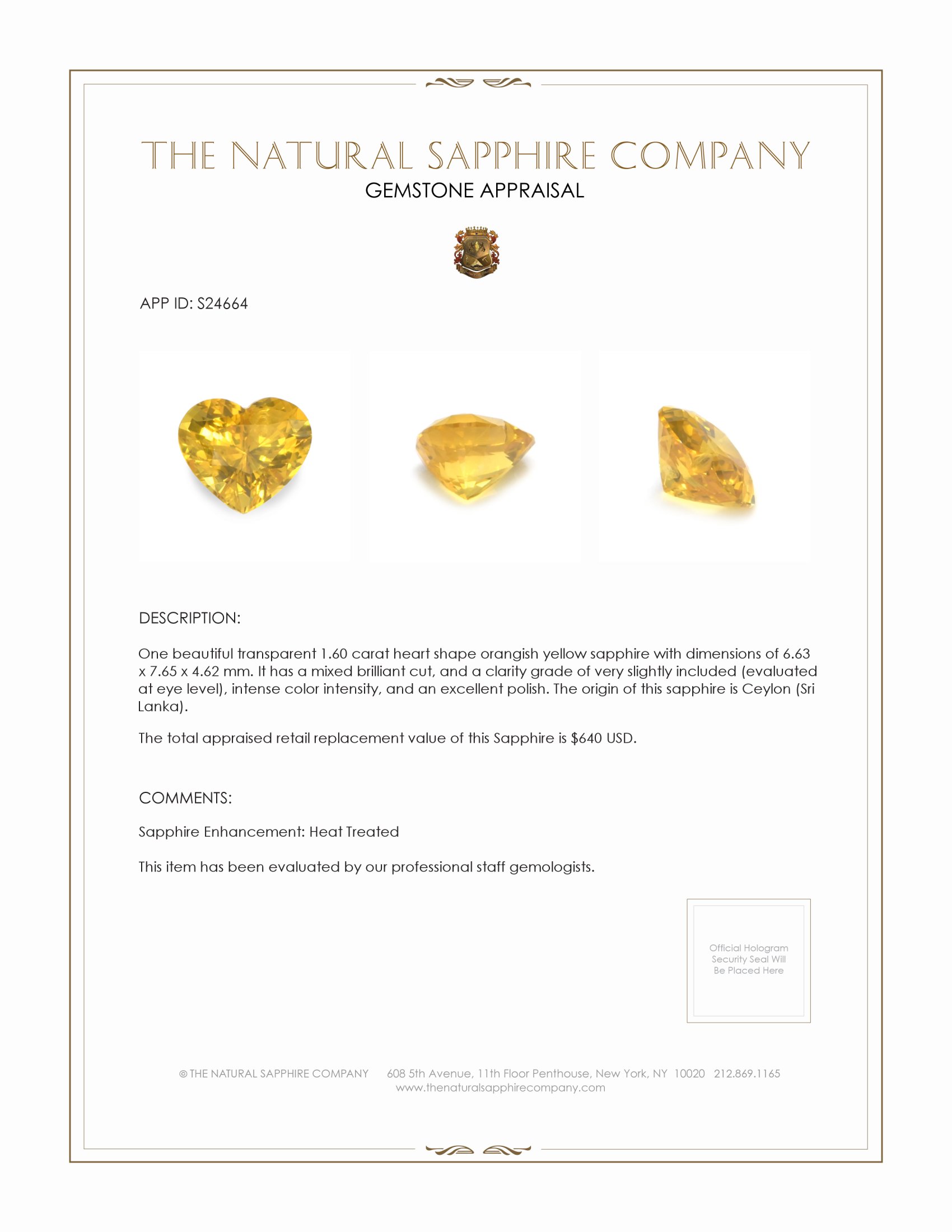 1.60 Ct. Orangish Yellow Sapphire from Ceylon (Sri Lanka)