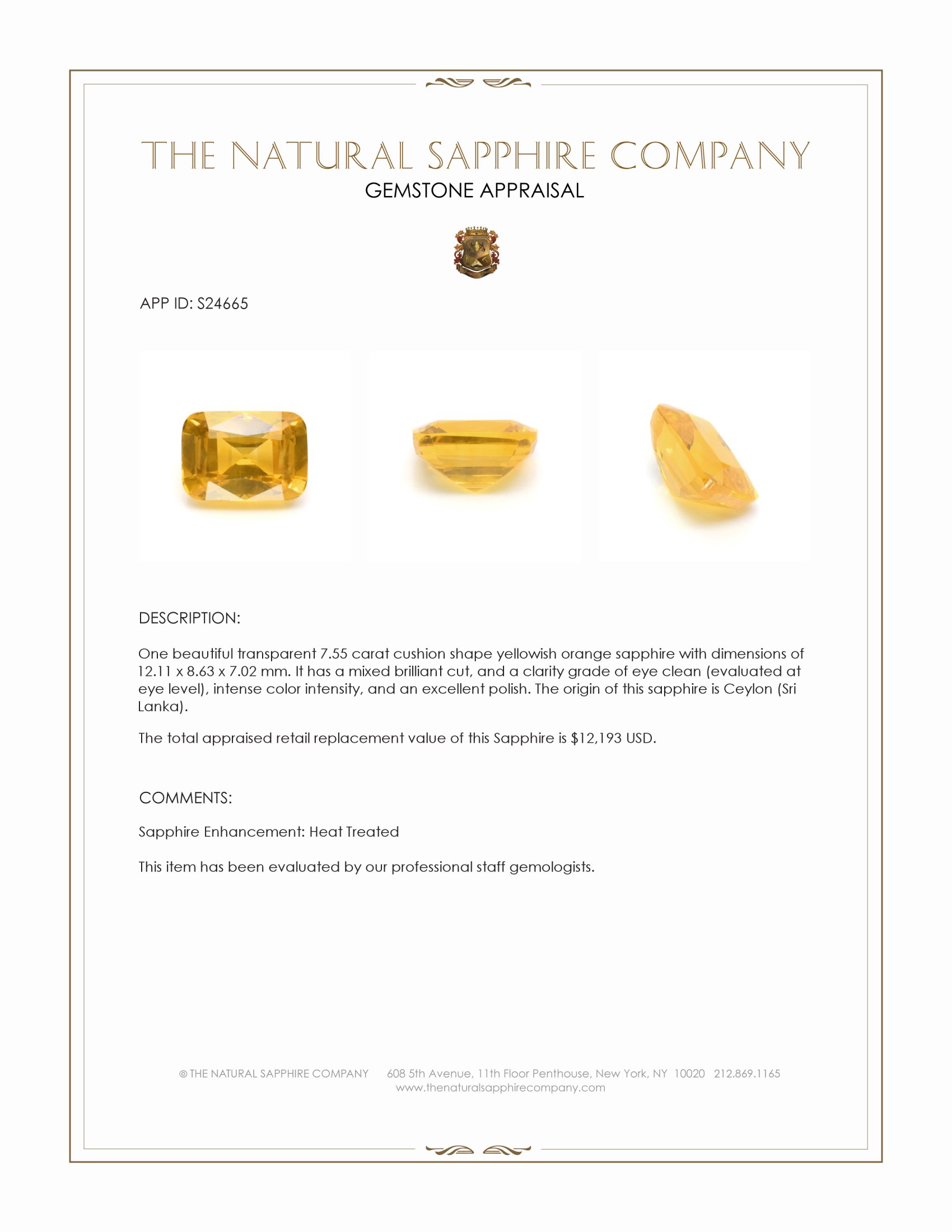 7.55 Ct. Yellowish Orange Sapphire from Ceylon (Sri Lanka)