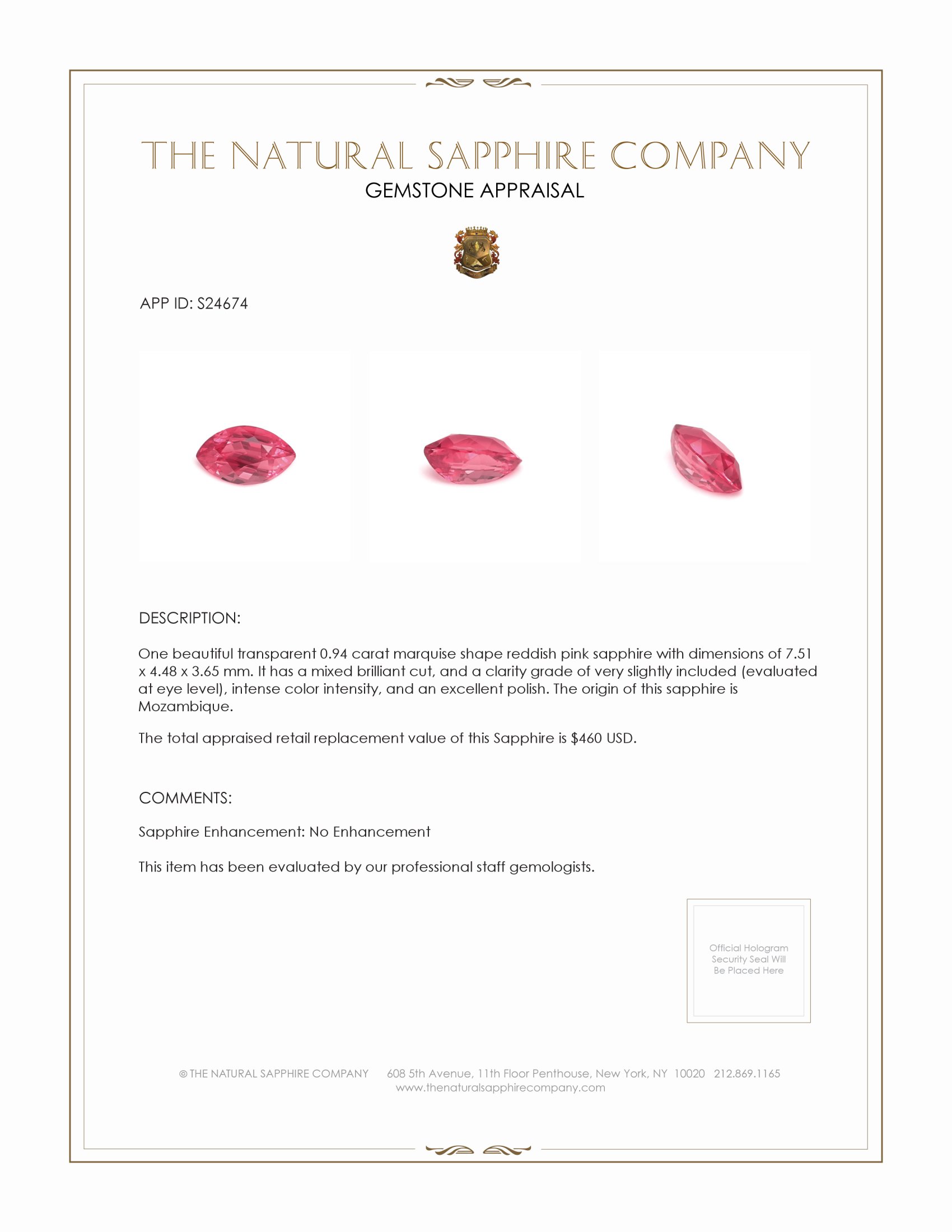 0.94 Ct. Reddish Pink Sapphire from Mozambique