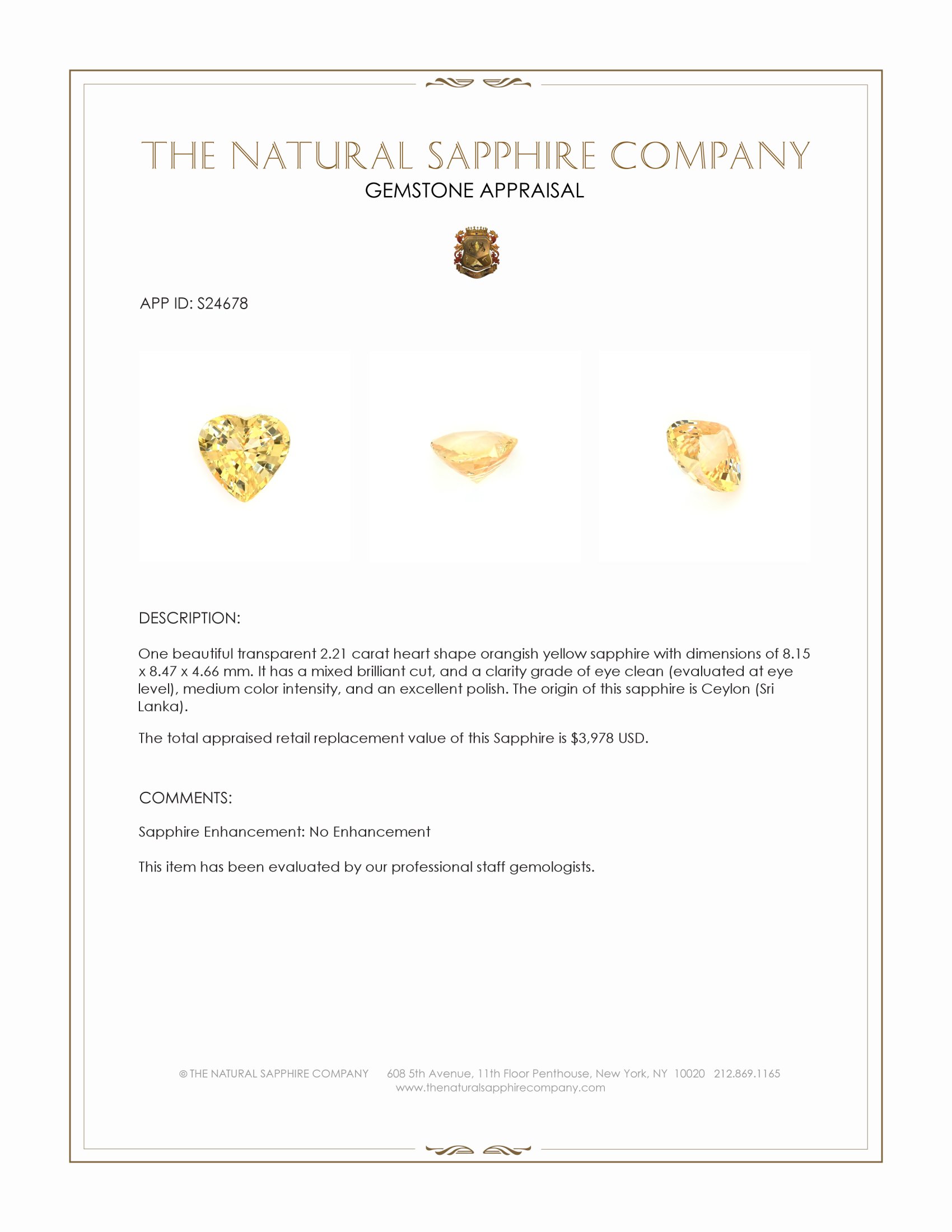 2.21 Ct. Orangish Yellow Sapphire from Ceylon (Sri Lanka)