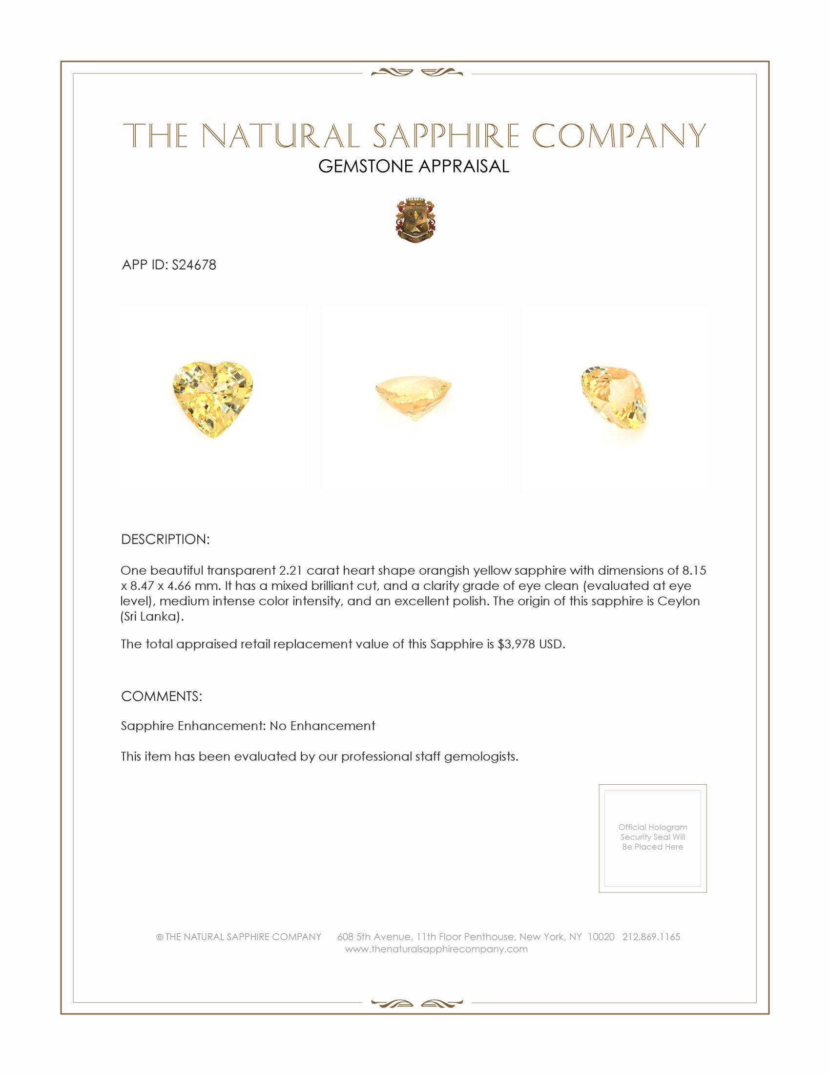 2.21 Ct. Orangish Yellow Sapphire from Ceylon (Sri Lanka)