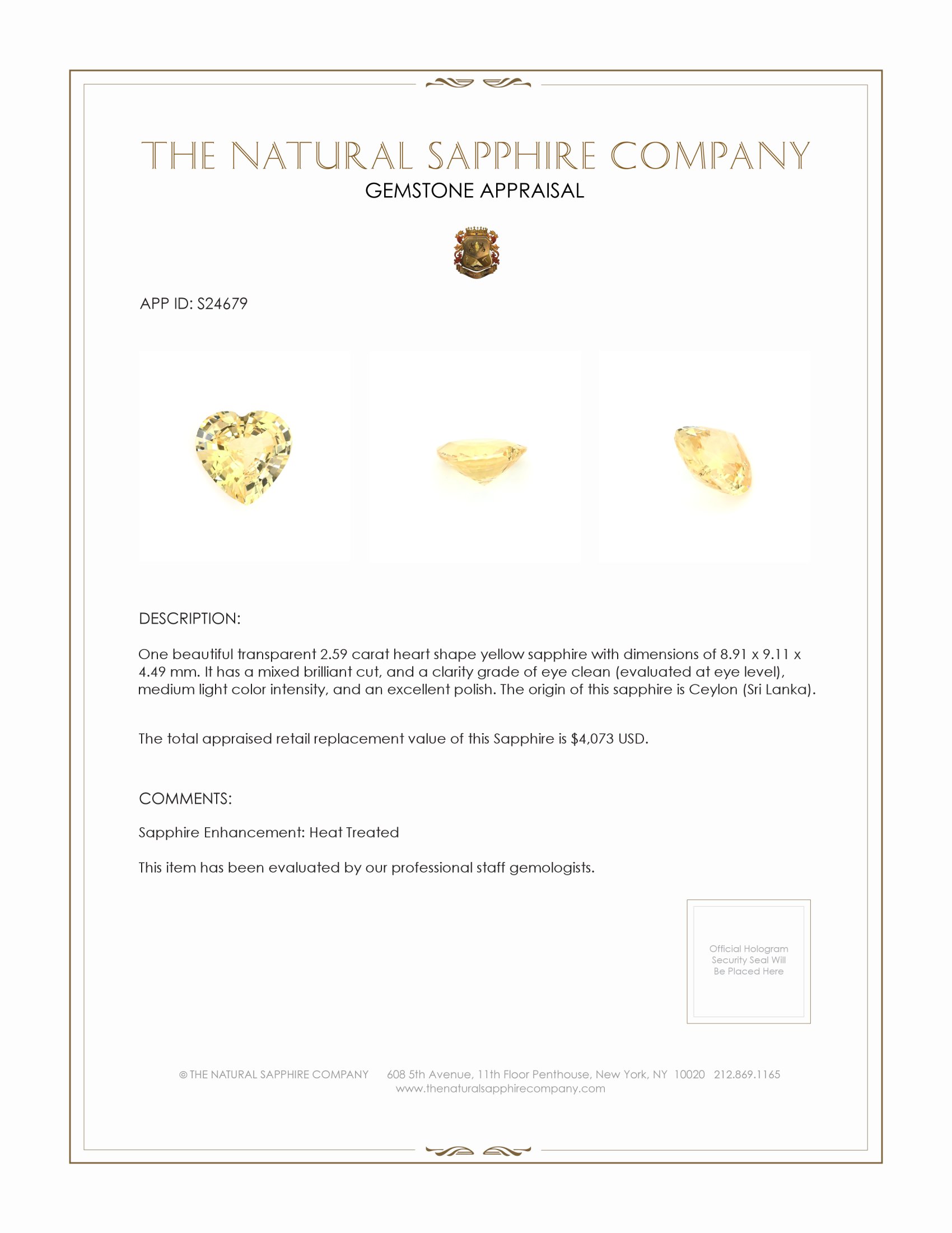 2.59 Ct. Yellow Sapphire from Ceylon (Sri Lanka)