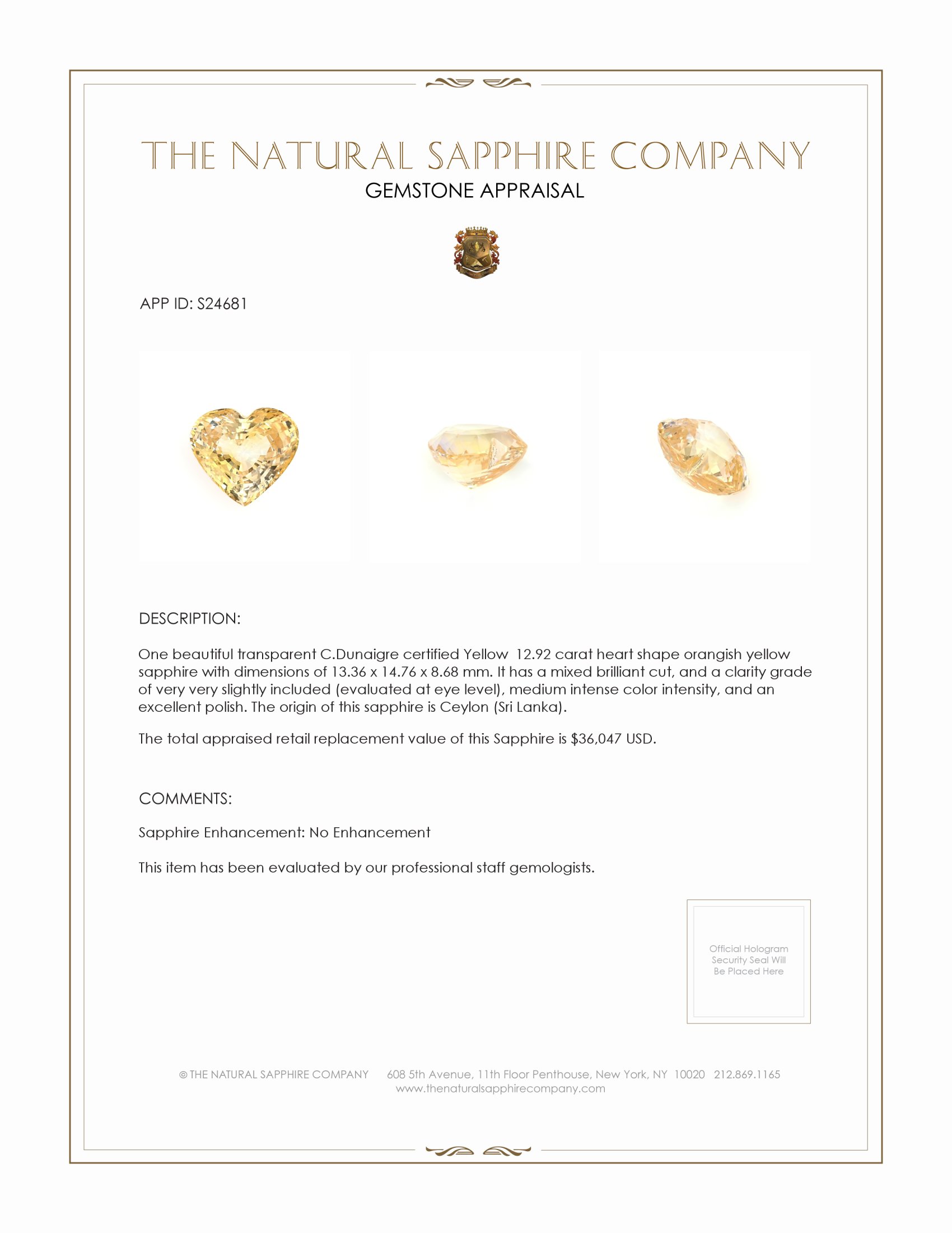 12.92 Ct. Orangish Yellow Sapphire from Ceylon (Sri Lanka)