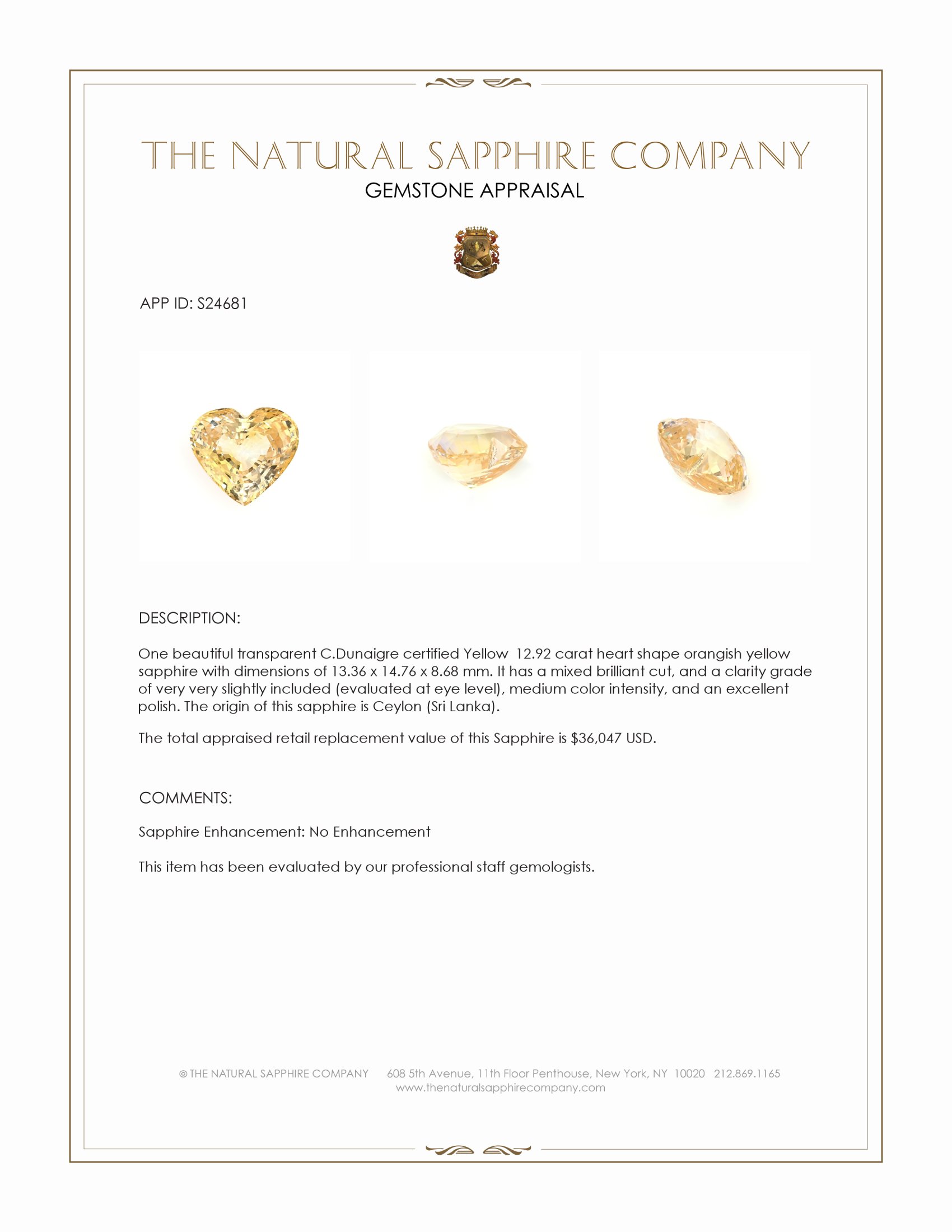 12.92 Ct. Orangish Yellow Sapphire from Ceylon (Sri Lanka)