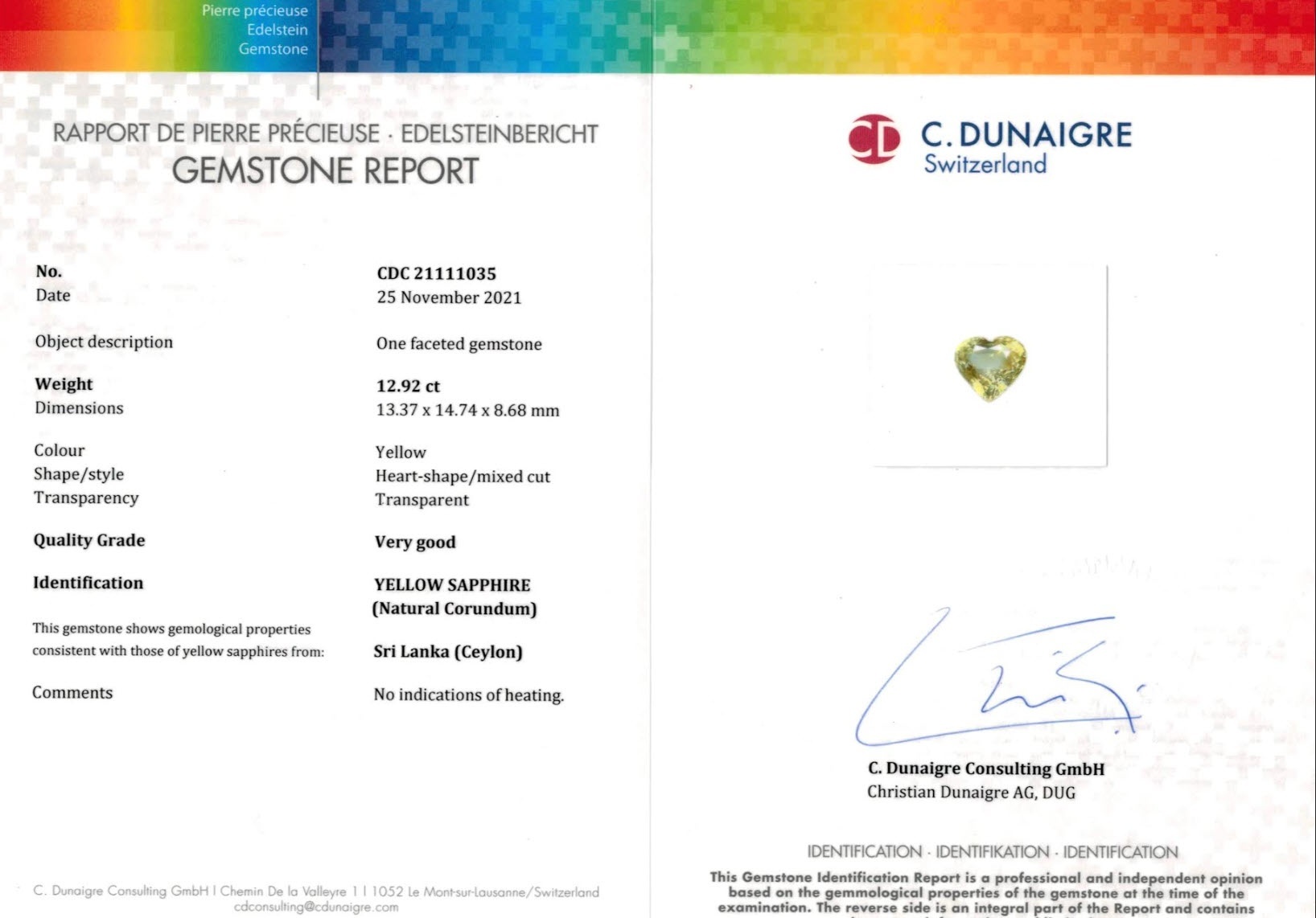 12.92 Ct. Orangish Yellow Sapphire from Ceylon (Sri Lanka)