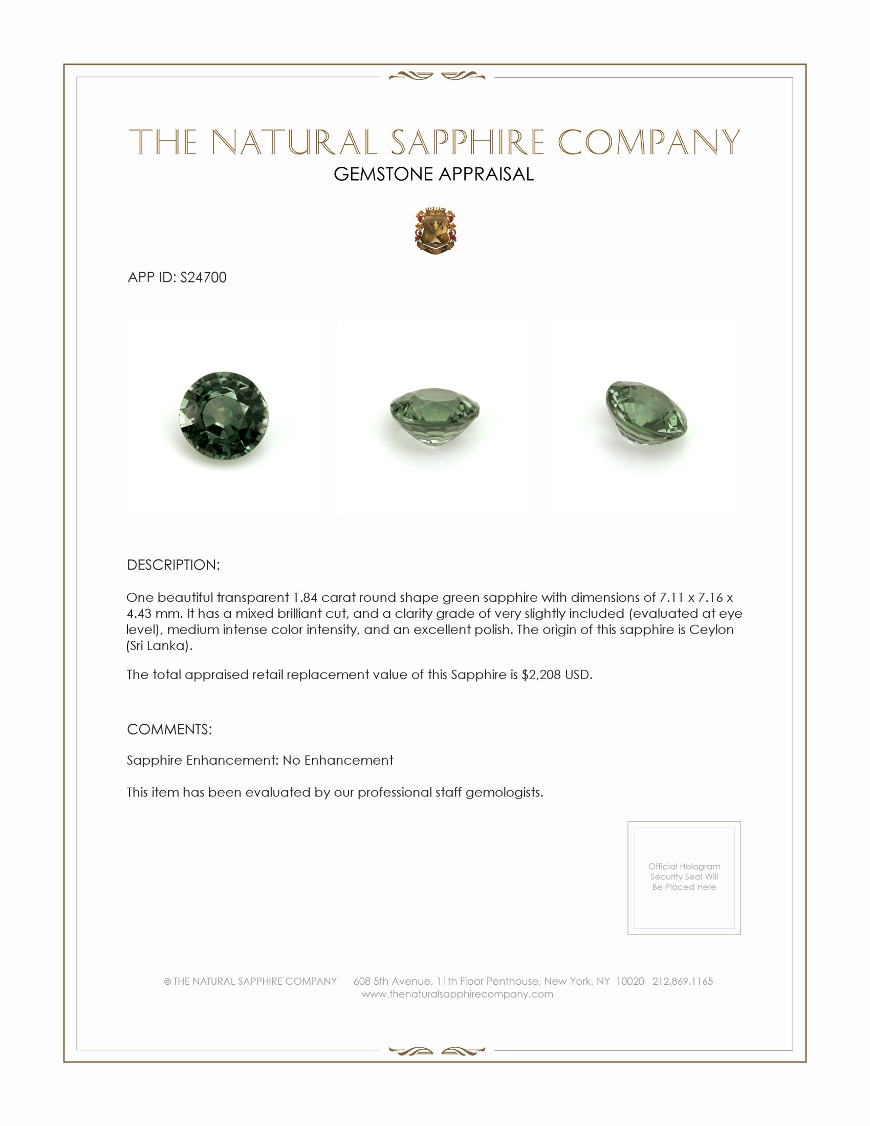 1.84 Ct. Green Sapphire from Ceylon (Sri Lanka)