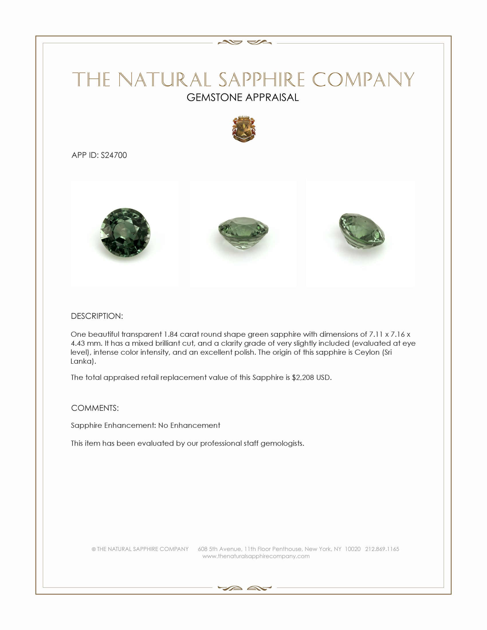 1.84 Ct. Green Sapphire from Ceylon (Sri Lanka)