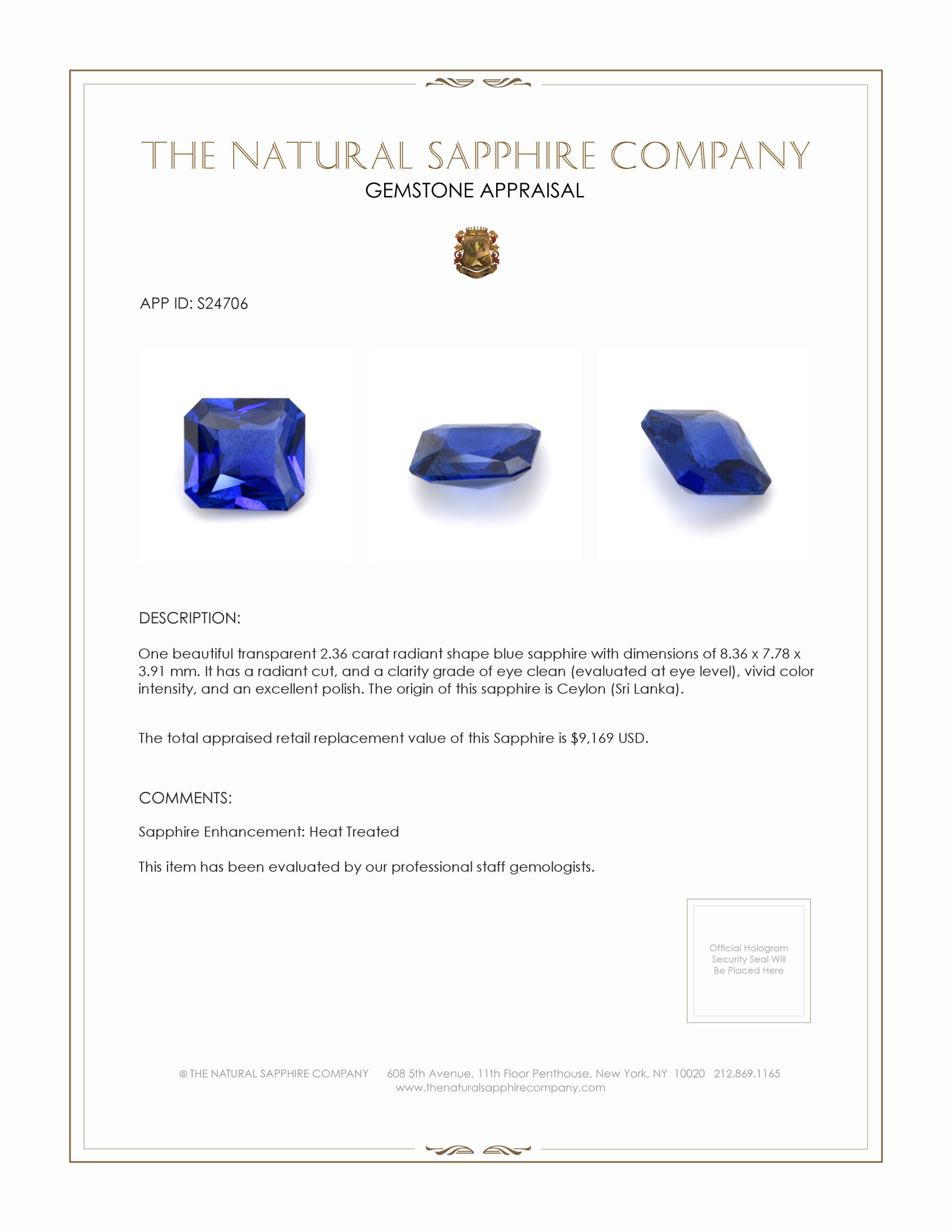 2.36 Ct. Blue Sapphire from Ceylon (Sri Lanka)