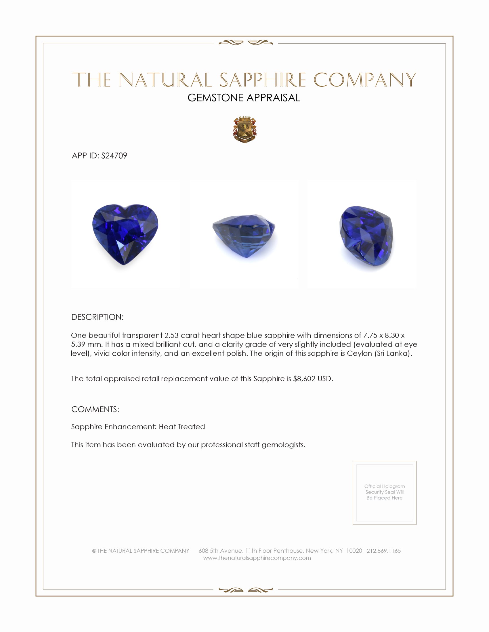 2.53 Ct. Blue Sapphire from Ceylon (Sri Lanka)