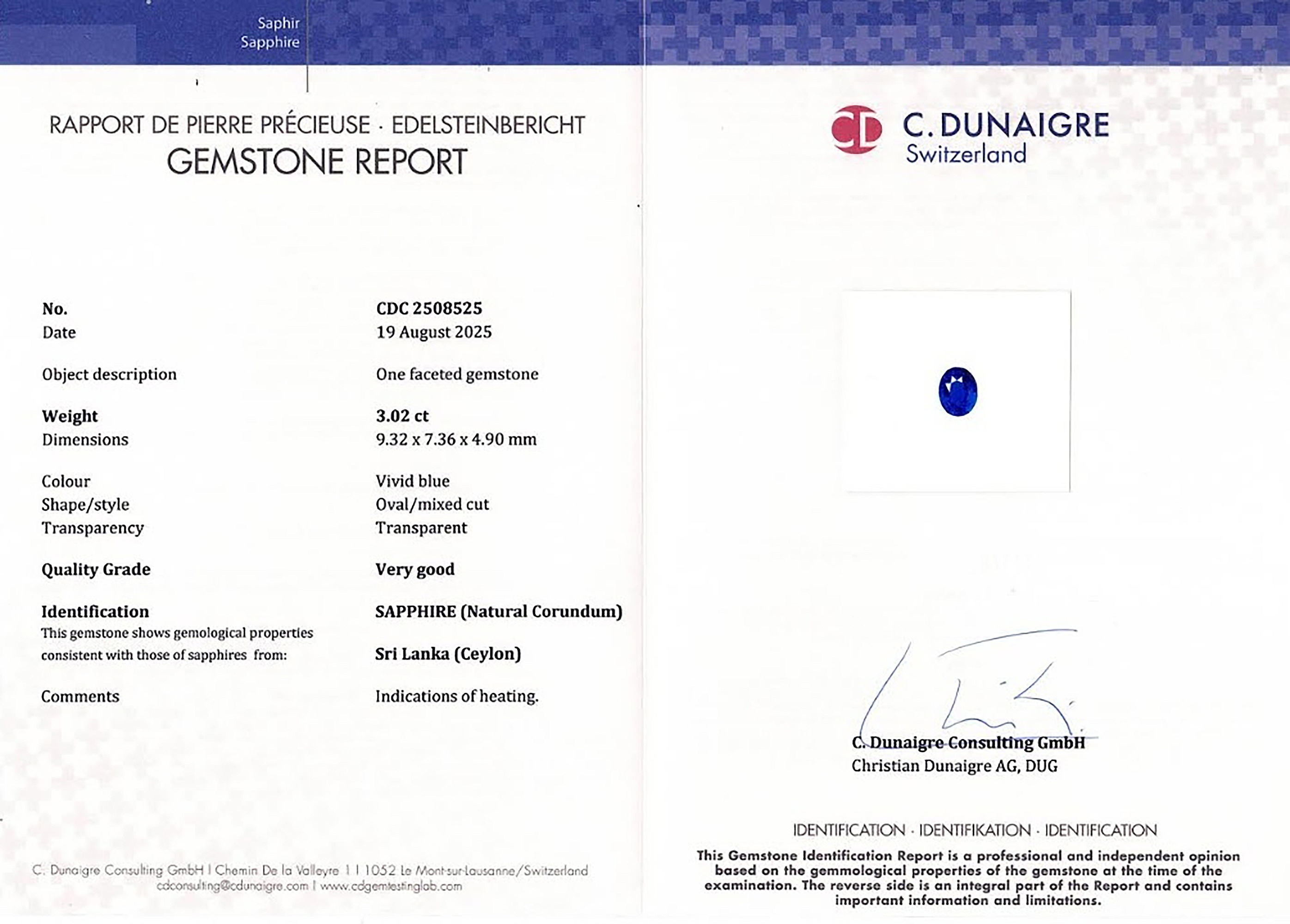 3.02 Ct. Blue Sapphire from Ceylon (Sri Lanka)