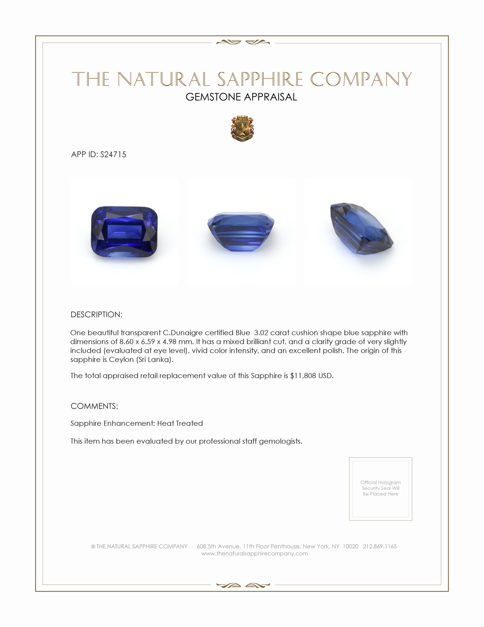 3.02 Ct. Blue Sapphire from Ceylon (Sri Lanka)