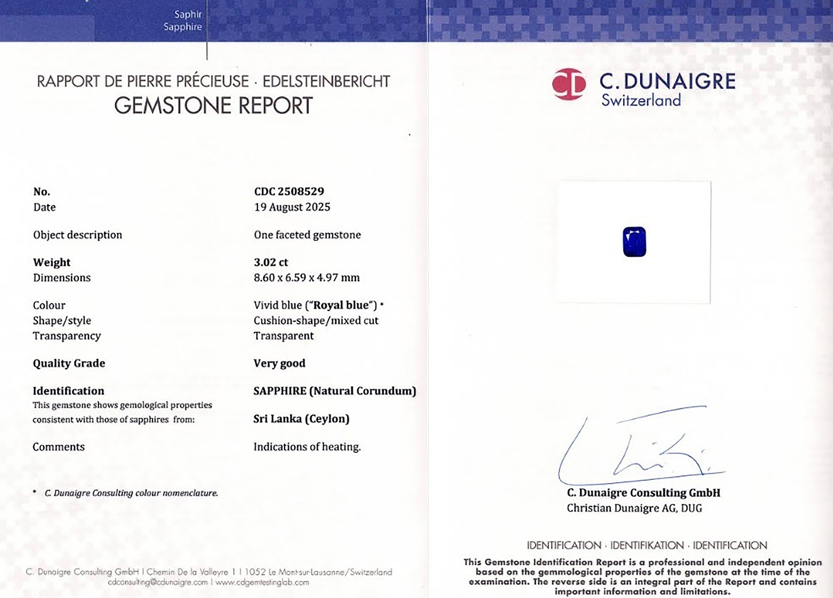 3.02 Ct. Blue Sapphire from Ceylon (Sri Lanka)