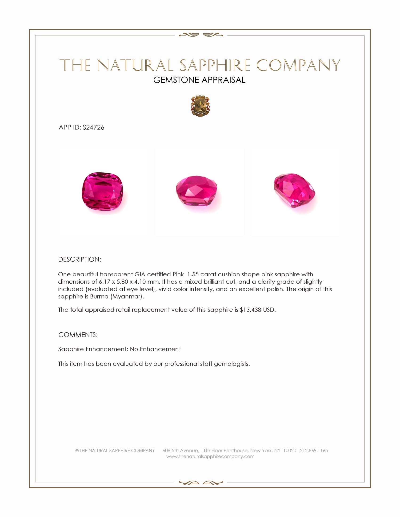 1.55 Ct. Pink Sapphire from Burma (Myanmar)