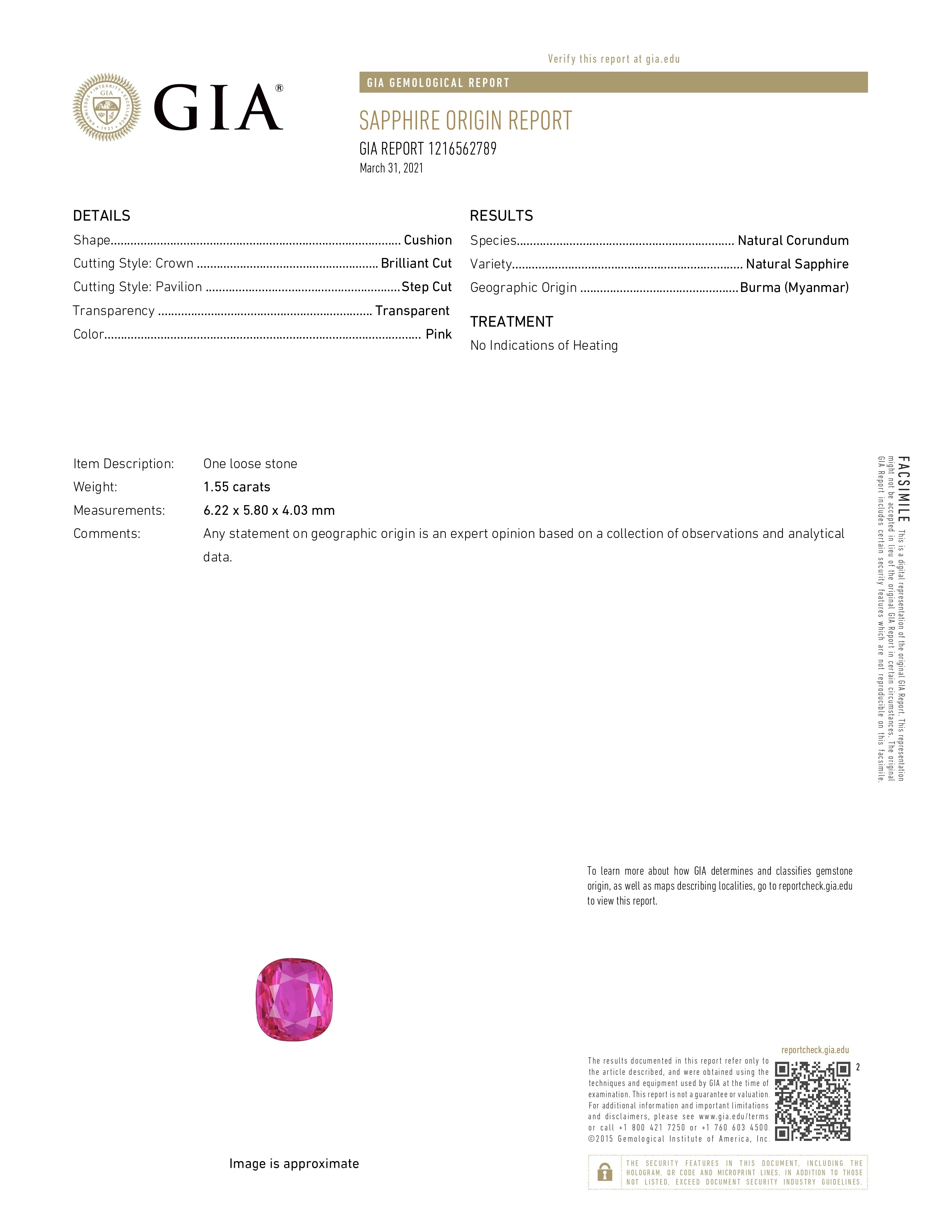 1.55 Ct. Pink Sapphire from Burma (Myanmar)