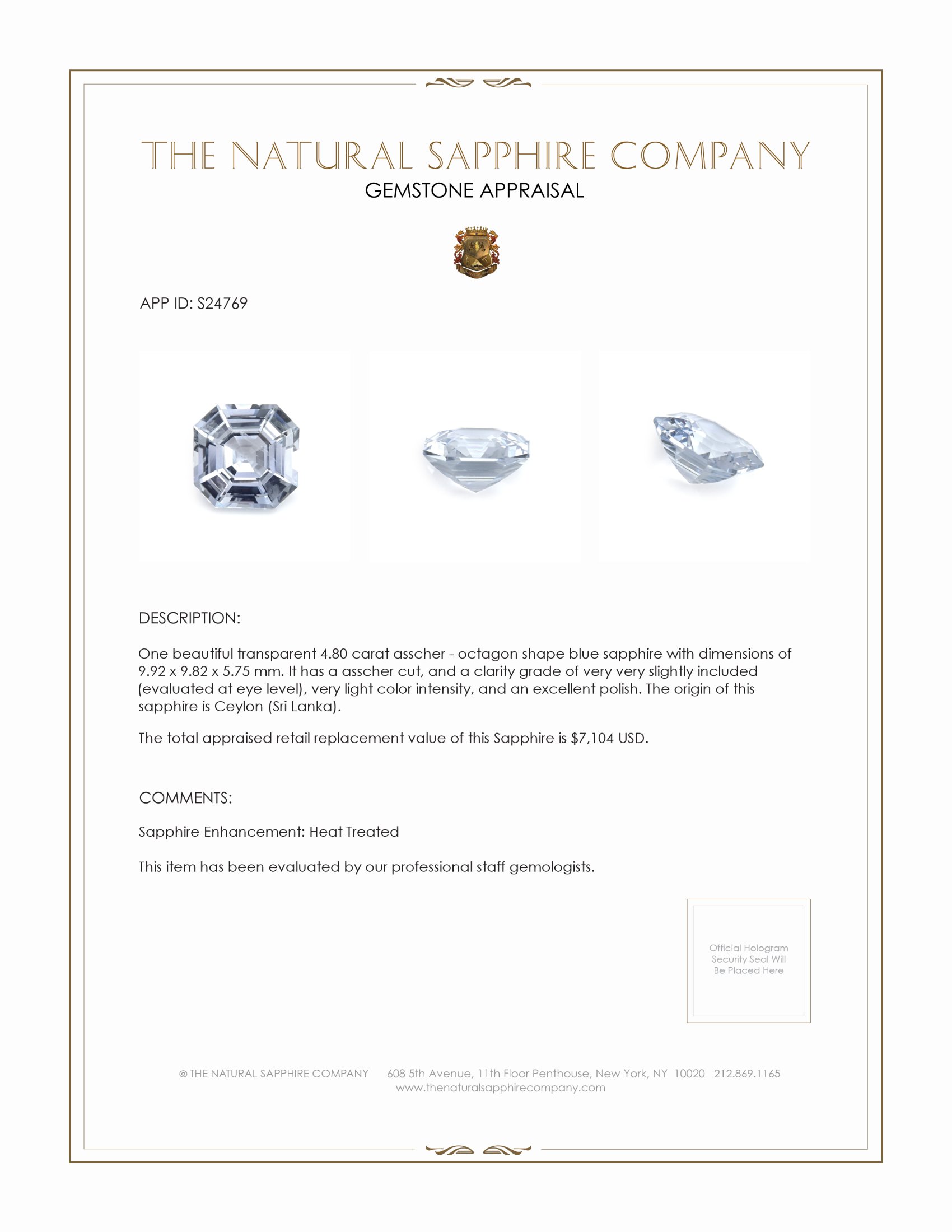 4.80 Ct. Blue Sapphire from Ceylon (Sri Lanka)