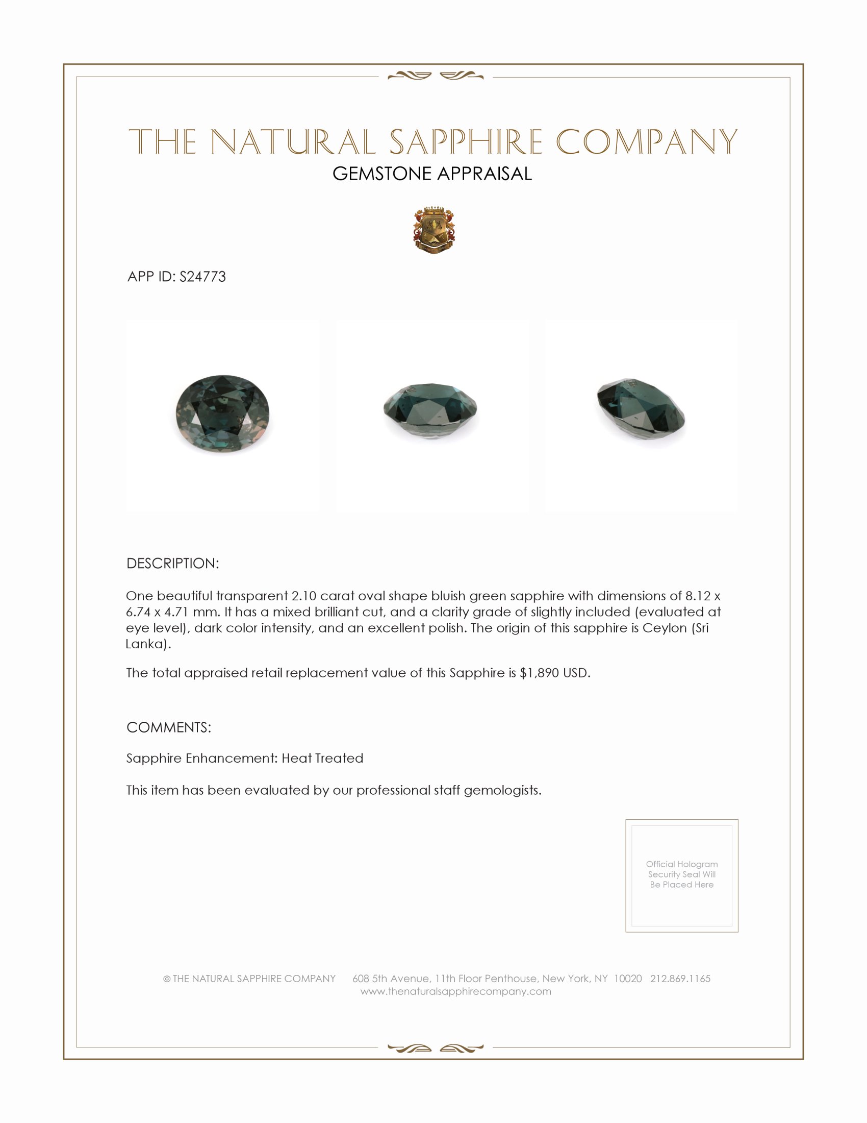 2.10 Ct. Bluish Green Sapphire from Ceylon (Sri Lanka)