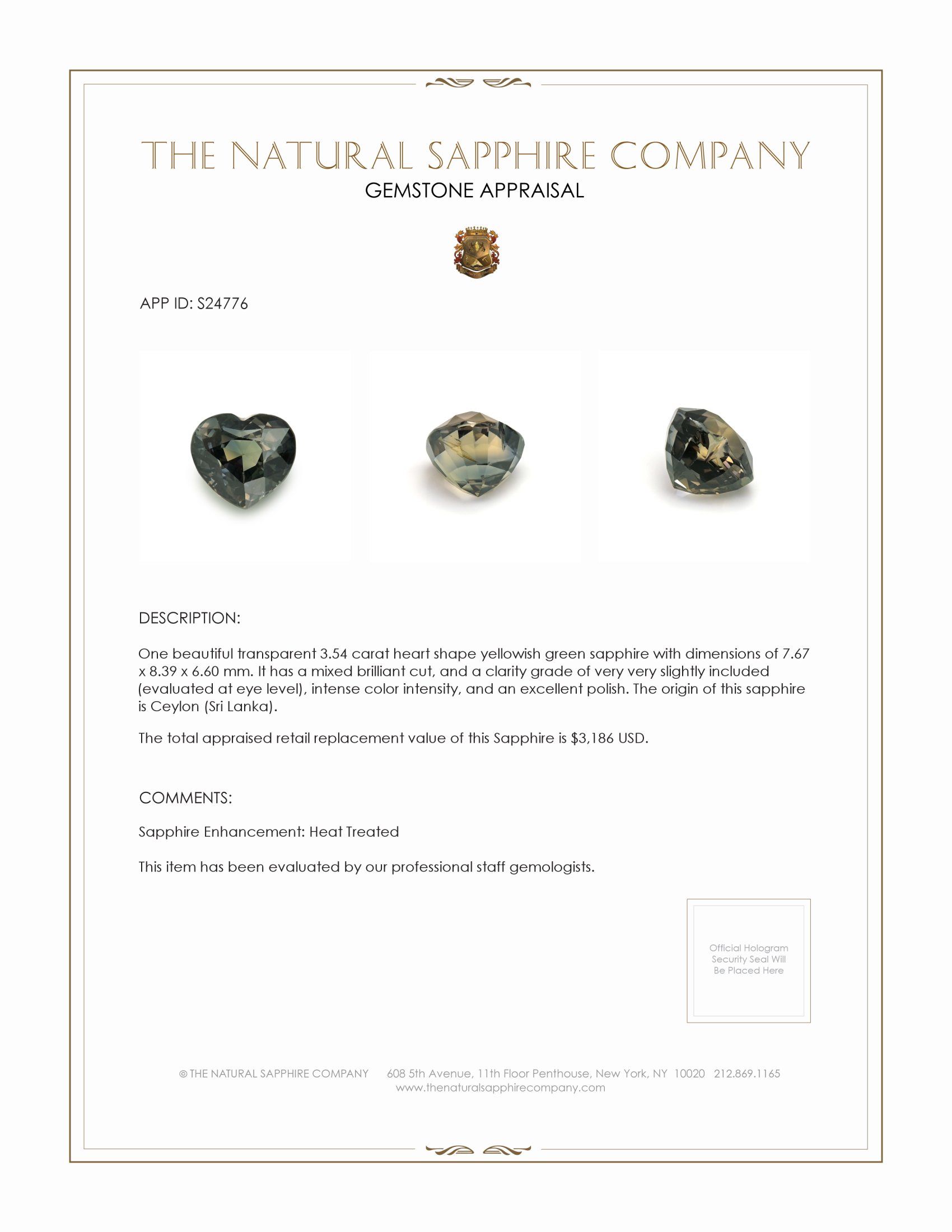 3.54 Ct. Yellowish Green Sapphire from Ceylon (Sri Lanka)