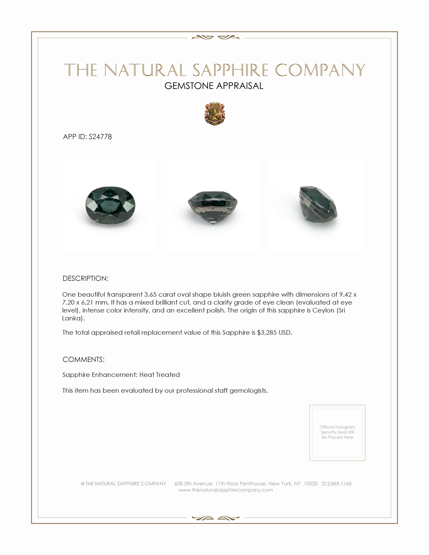 3.65 Ct. Bluish Green Sapphire from Ceylon (Sri Lanka)