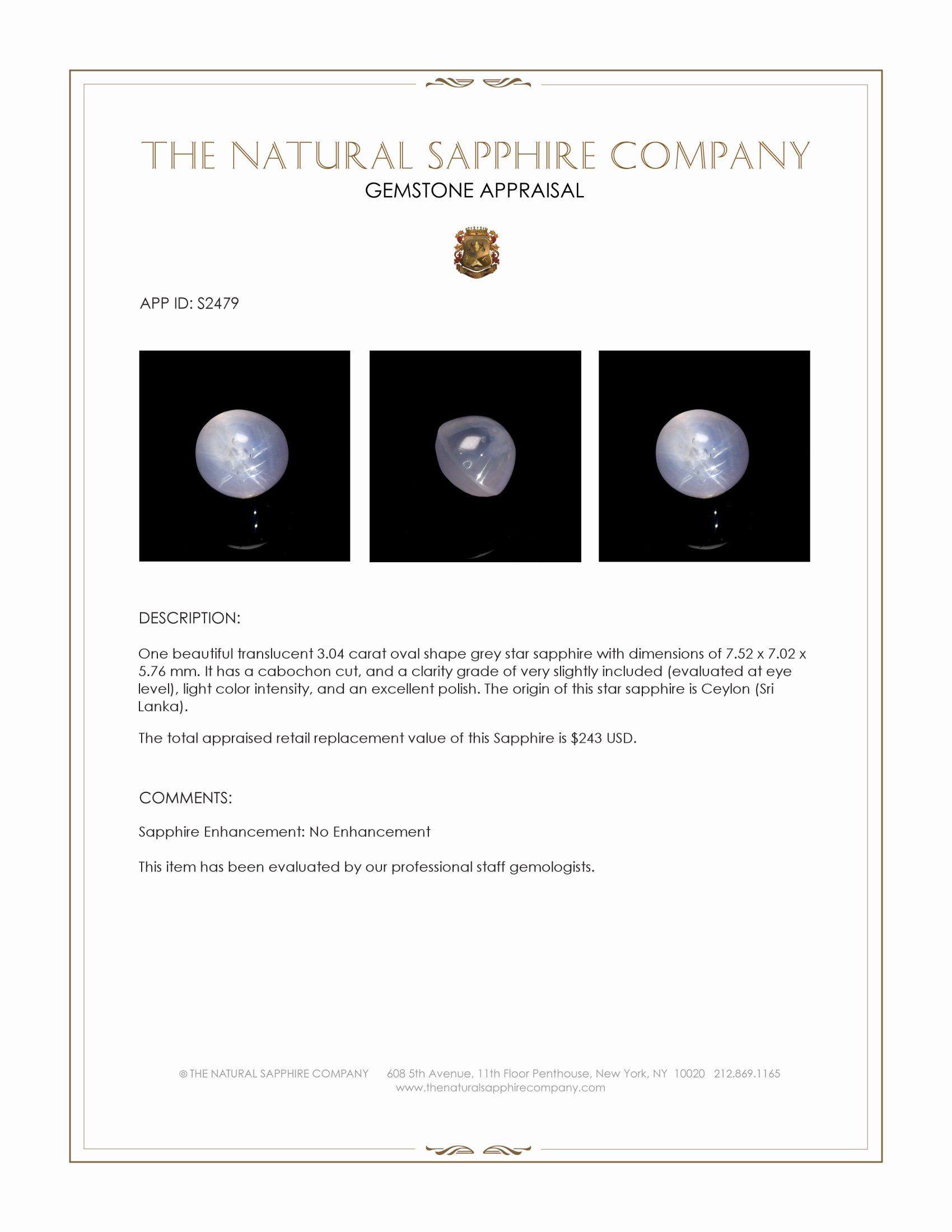 3.04 Ct. Grey Star Sapphire from Ceylon (Sri Lanka)