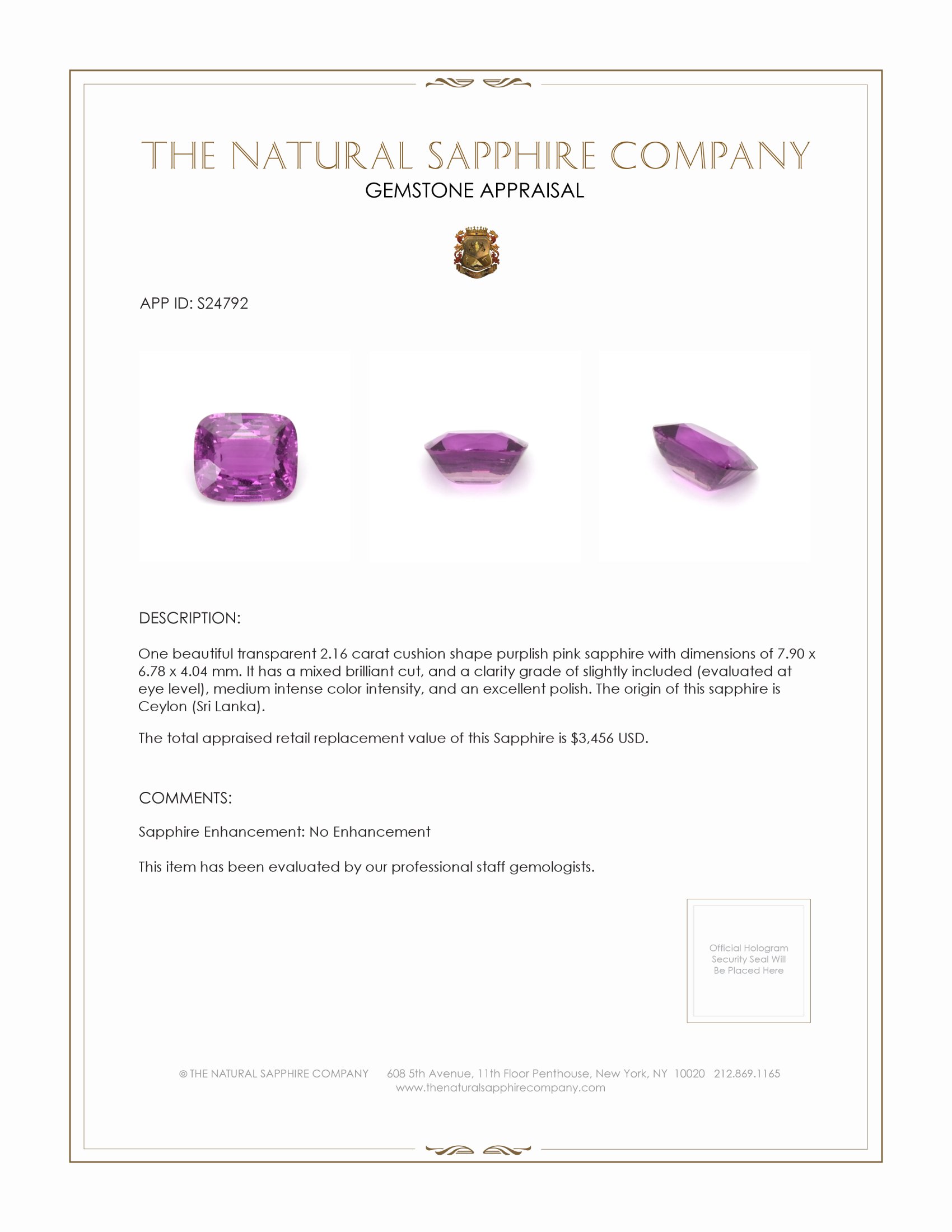 2.16 Ct. Pinkish Purple Sapphire from Ceylon (Sri Lanka)