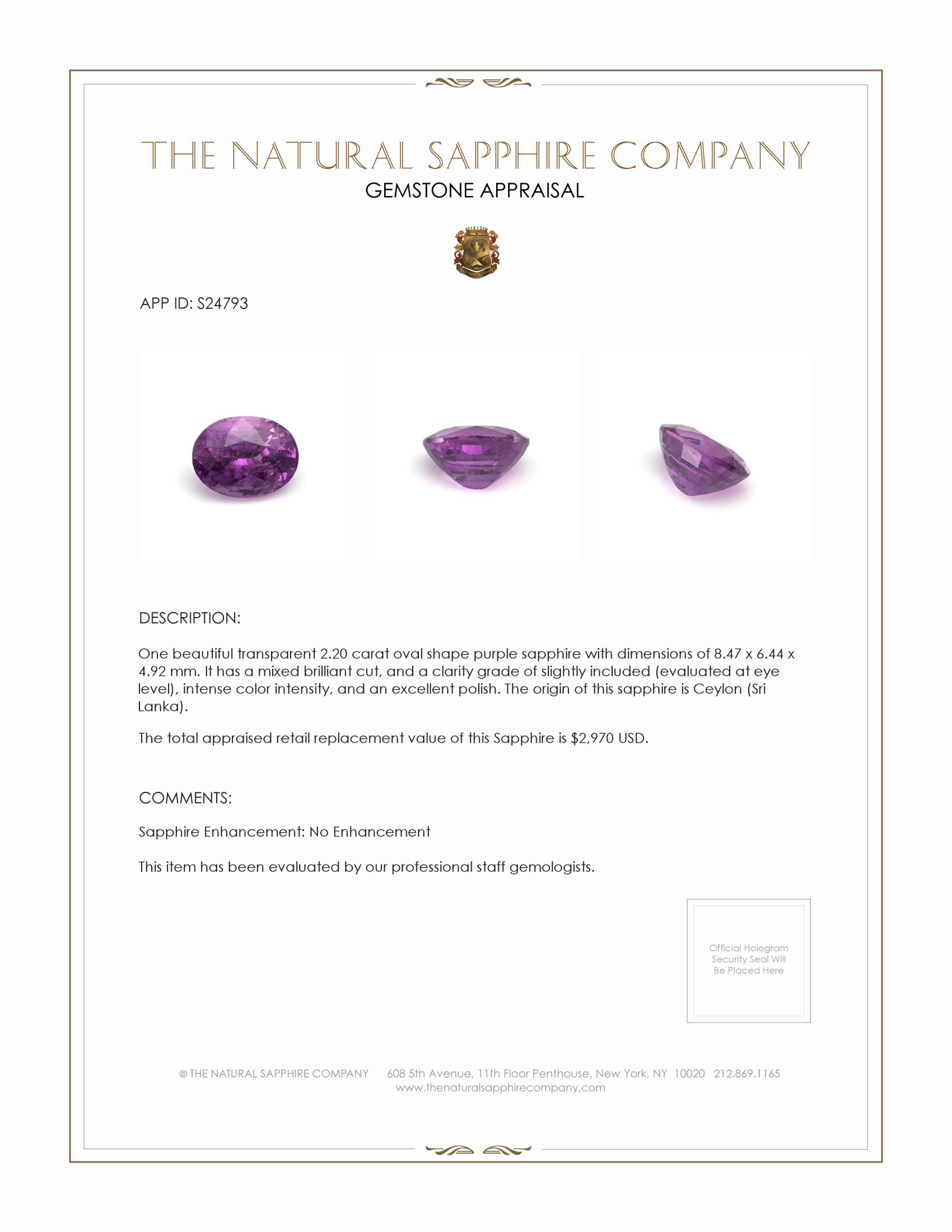2.20 Ct. Purple Sapphire from Ceylon (Sri Lanka)