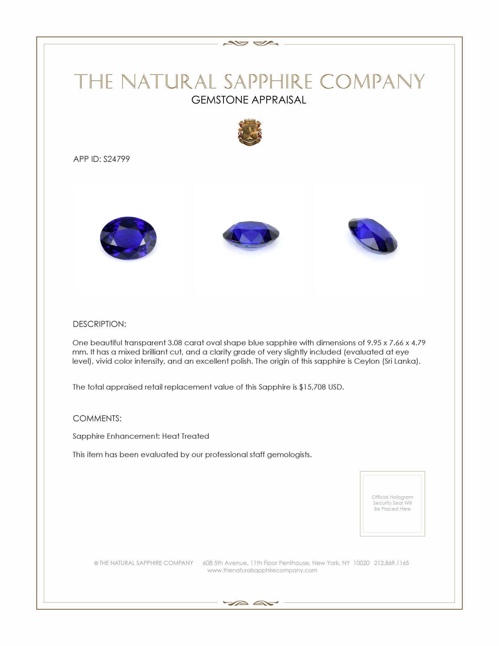 3.08 Ct. Blue Sapphire from Ceylon (Sri Lanka)