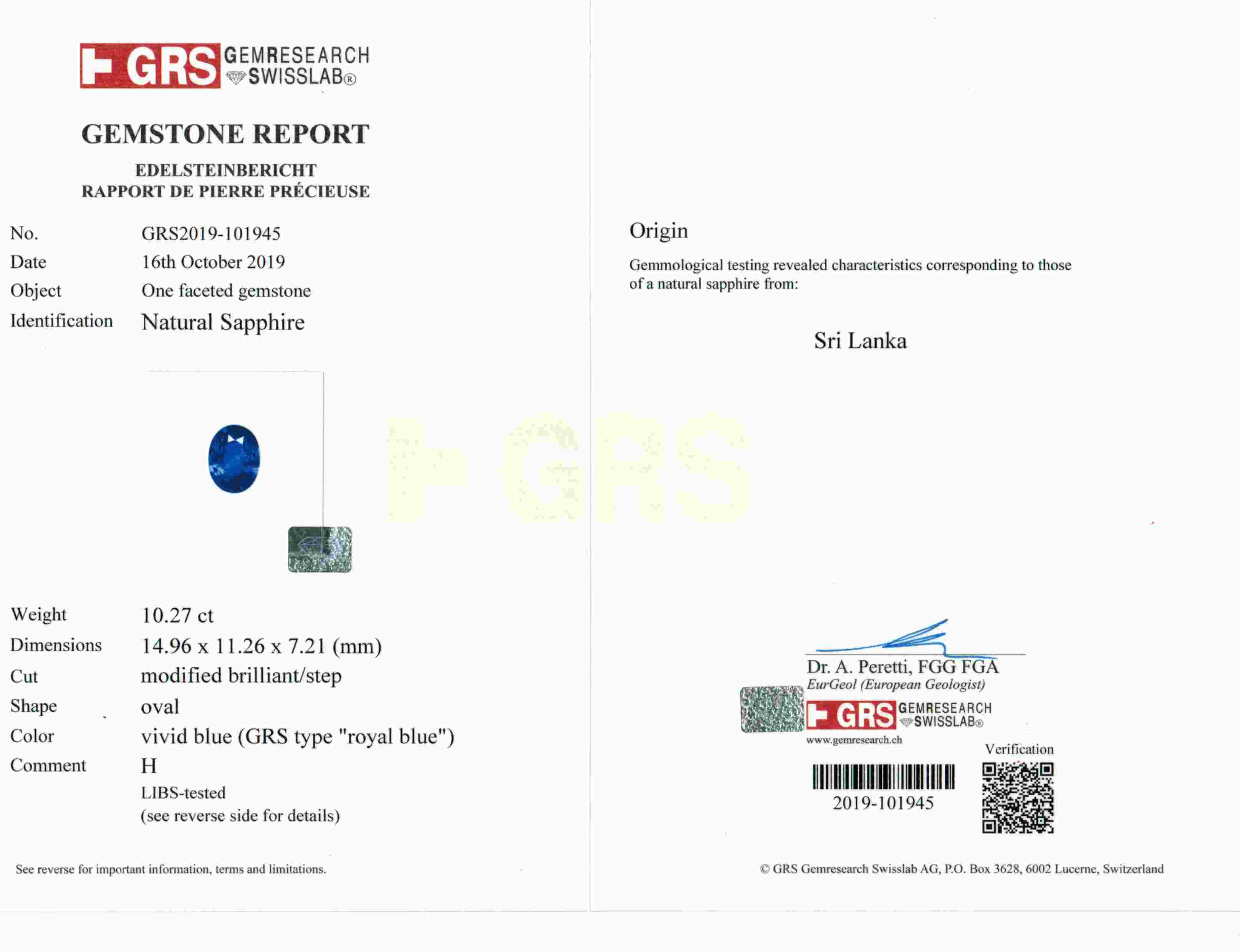 10.27 Ct. Blue Sapphire from Ceylon (Sri Lanka)