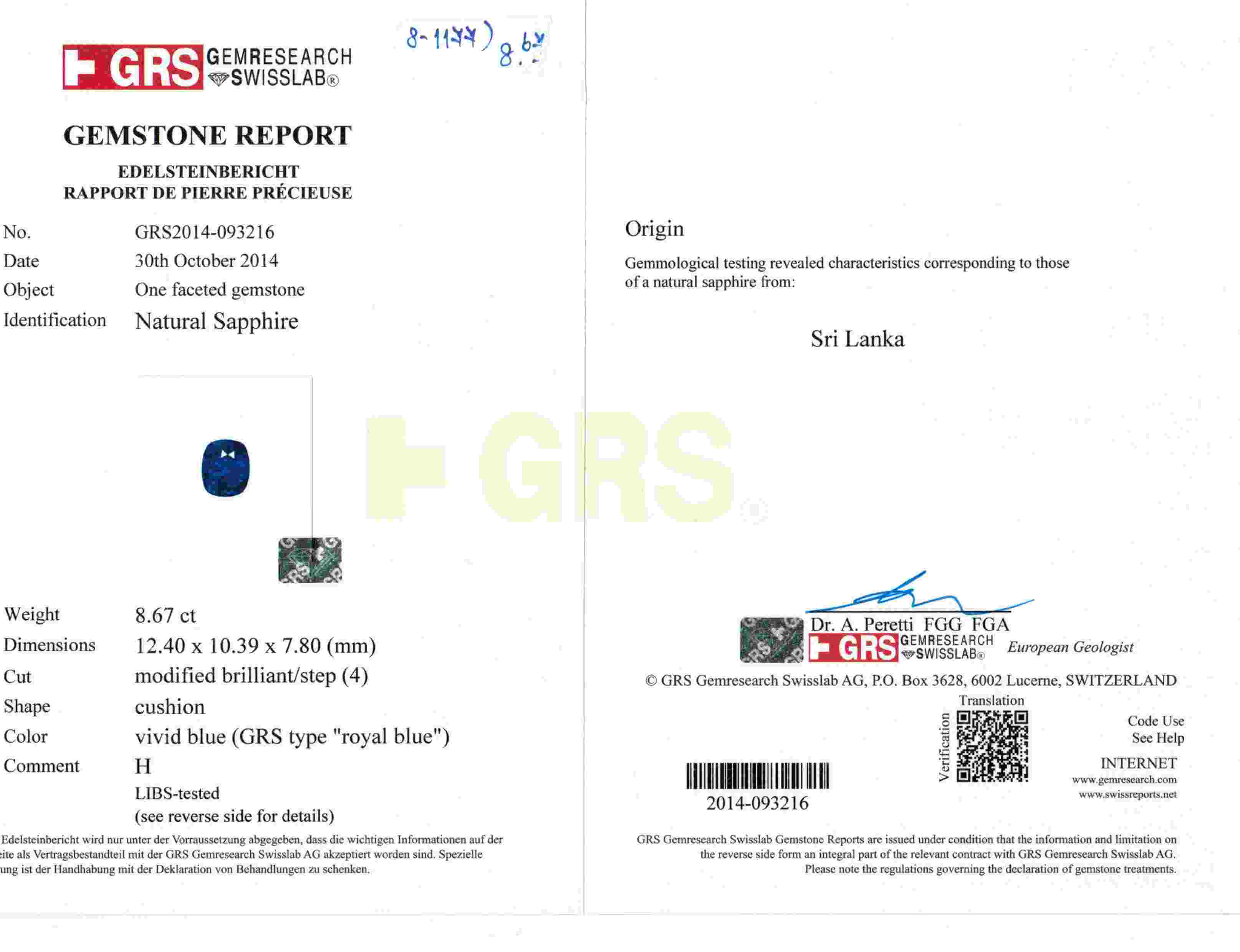 8.67 Ct. Blue Sapphire from Ceylon (Sri Lanka)