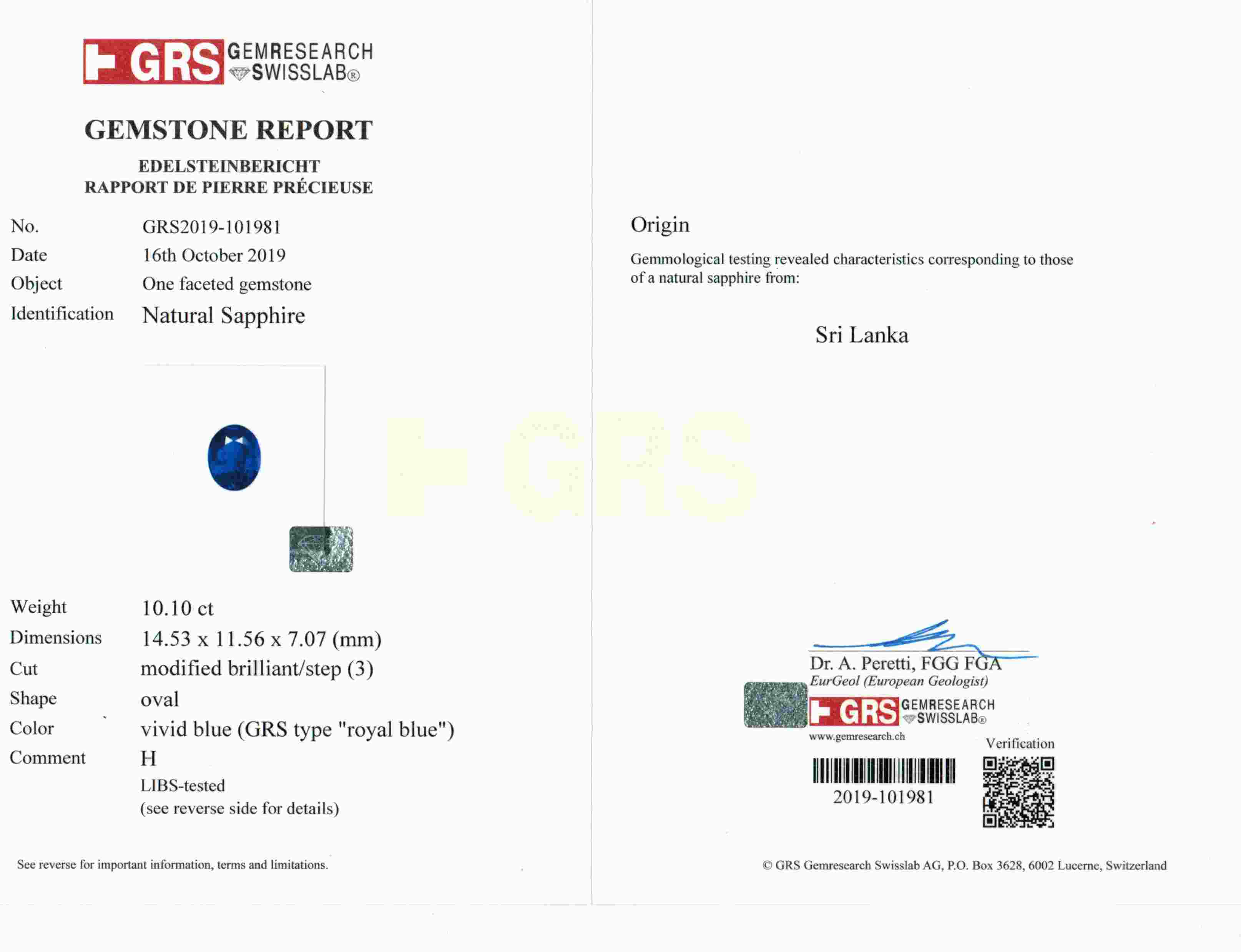 10.10 Ct. Blue Sapphire from Ceylon (Sri Lanka)