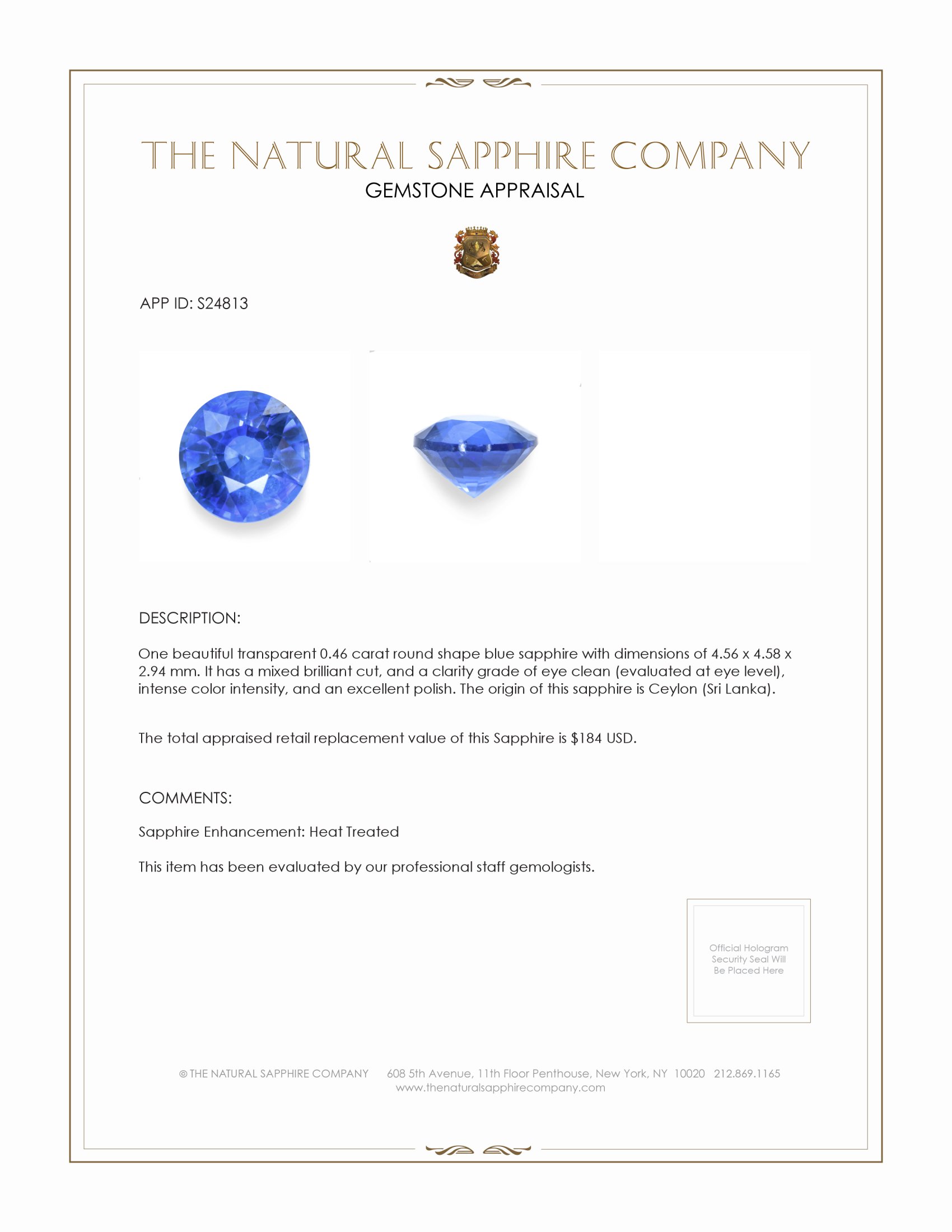 0.46 Ct. Blue Sapphire from Ceylon (Sri Lanka)