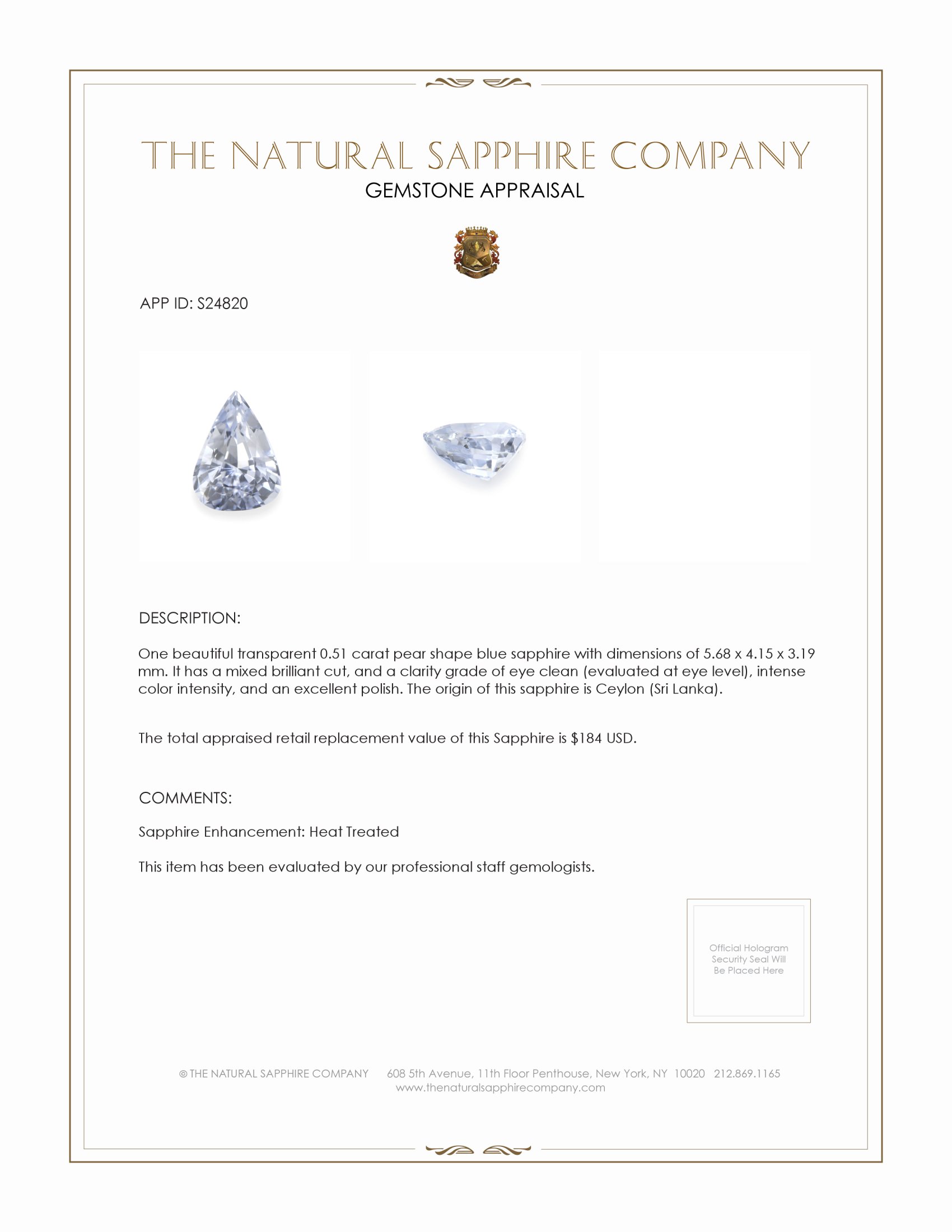 0.51 Ct. Blue Sapphire from Ceylon (Sri Lanka)