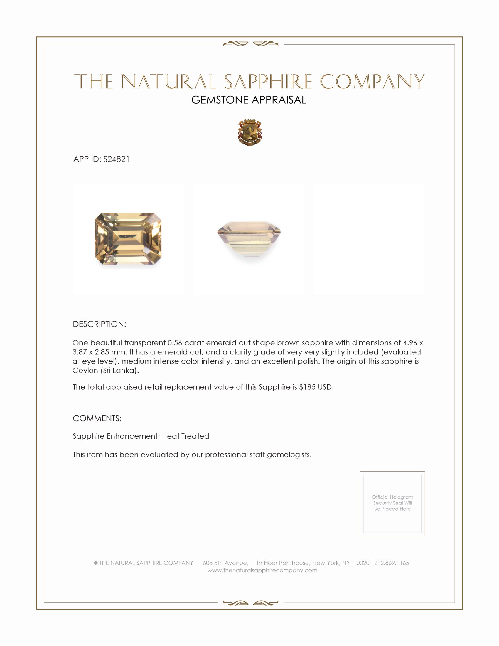 0.56 Ct. Brown Sapphire from Ceylon (Sri Lanka)