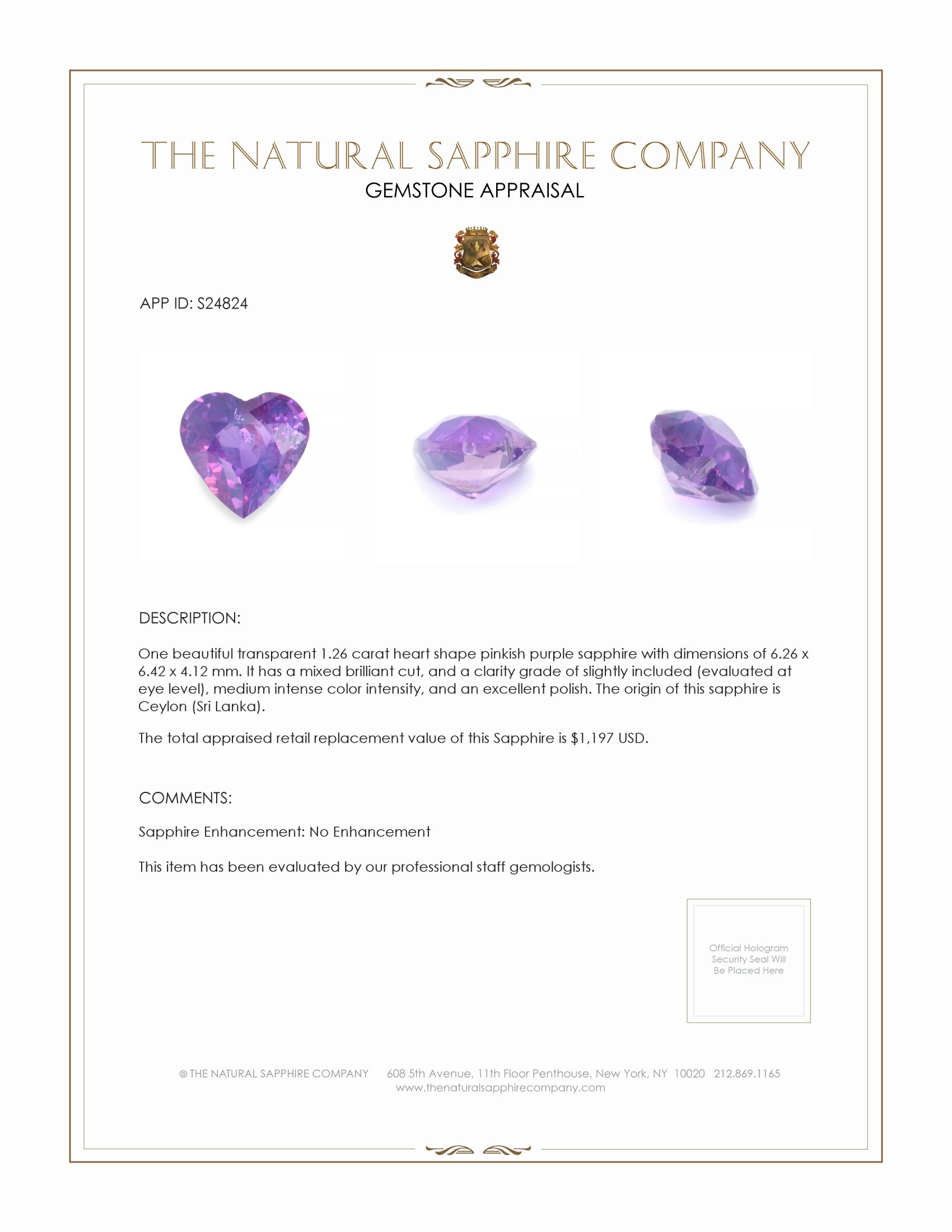 1.26 Ct. Pinkish Purple Sapphire from Ceylon (Sri Lanka)