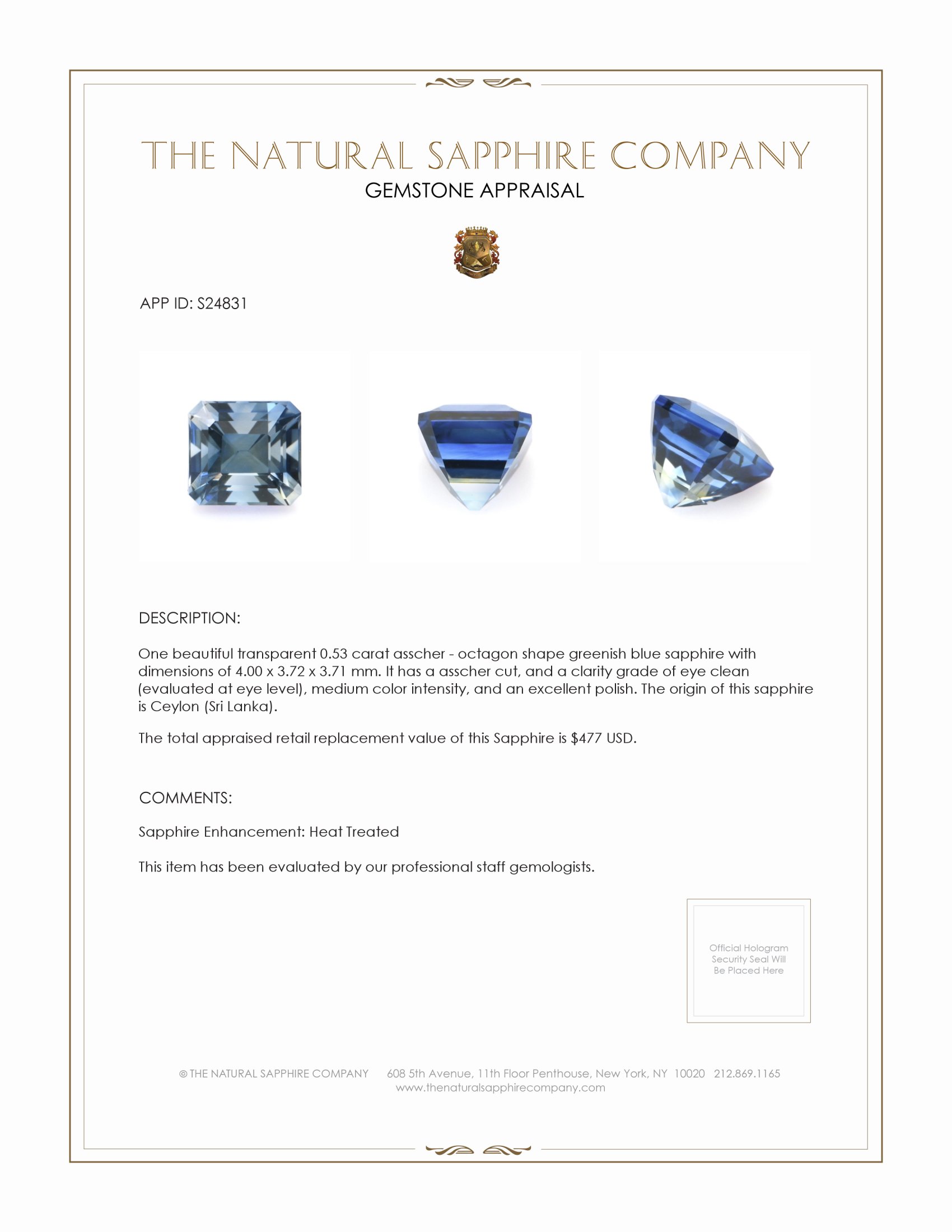 0.53 Ct. Greenish Blue Sapphire from Ceylon (Sri Lanka)