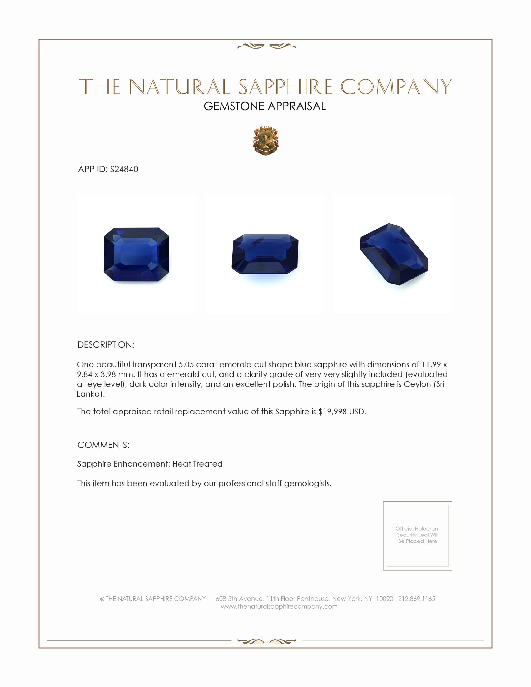 5.05 Ct. Blue Sapphire from Ceylon (Sri Lanka)