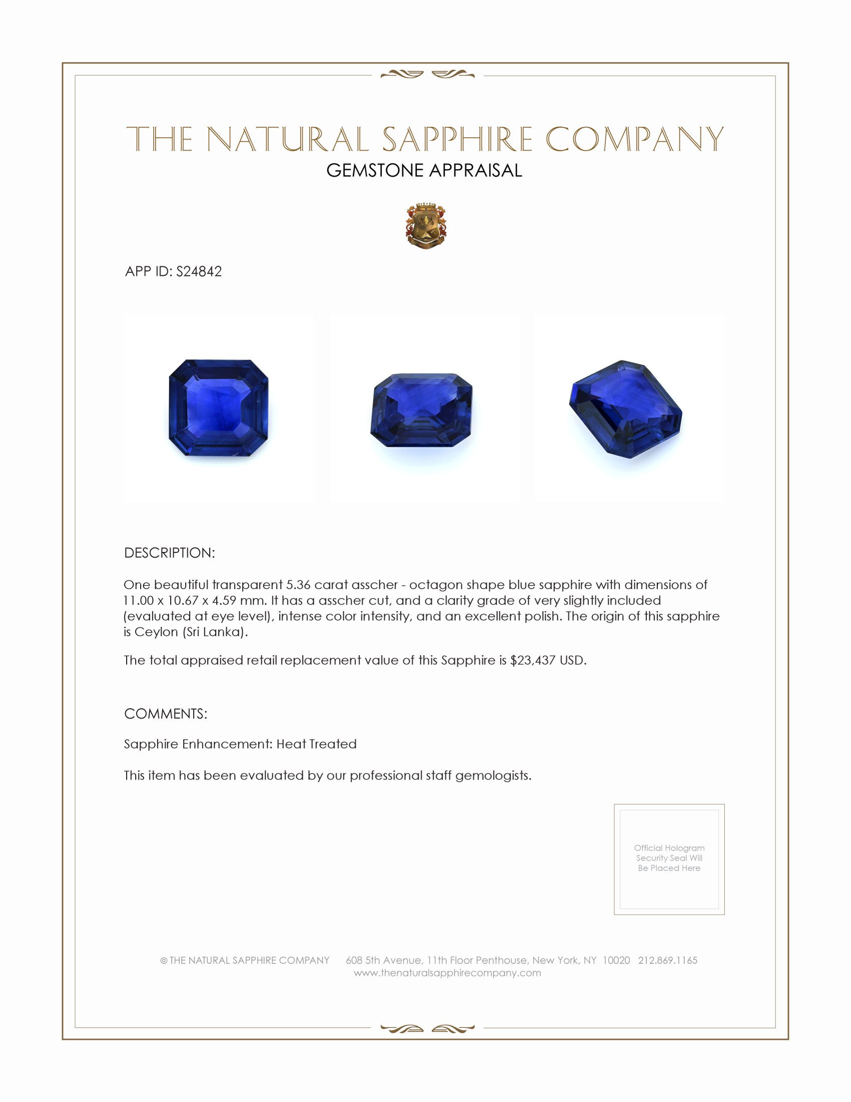 5.36 Ct. Blue Sapphire from Ceylon (Sri Lanka)