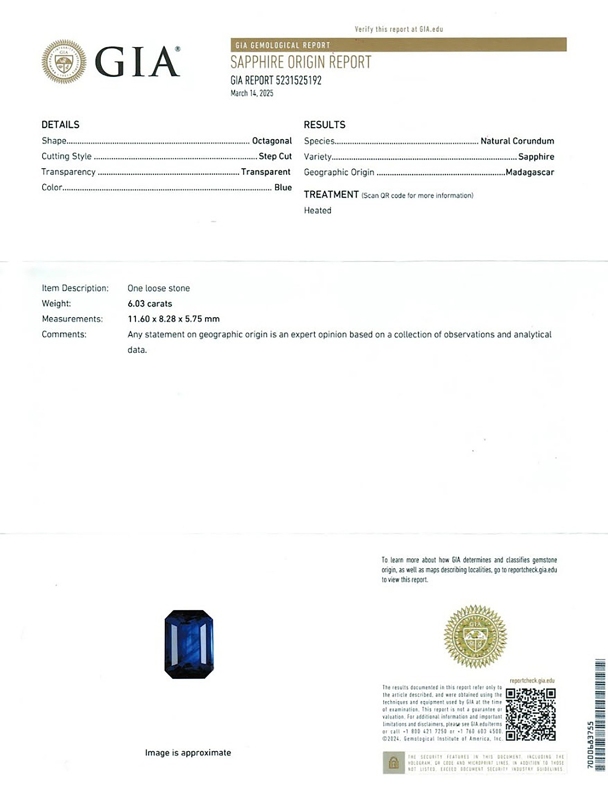 6.03 Ct. Blue Sapphire from Madagascar