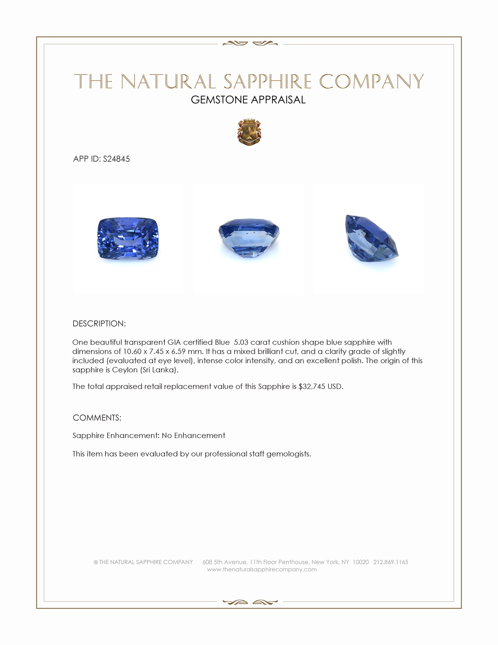 5.03 Ct. Blue Sapphire from Ceylon (Sri Lanka)