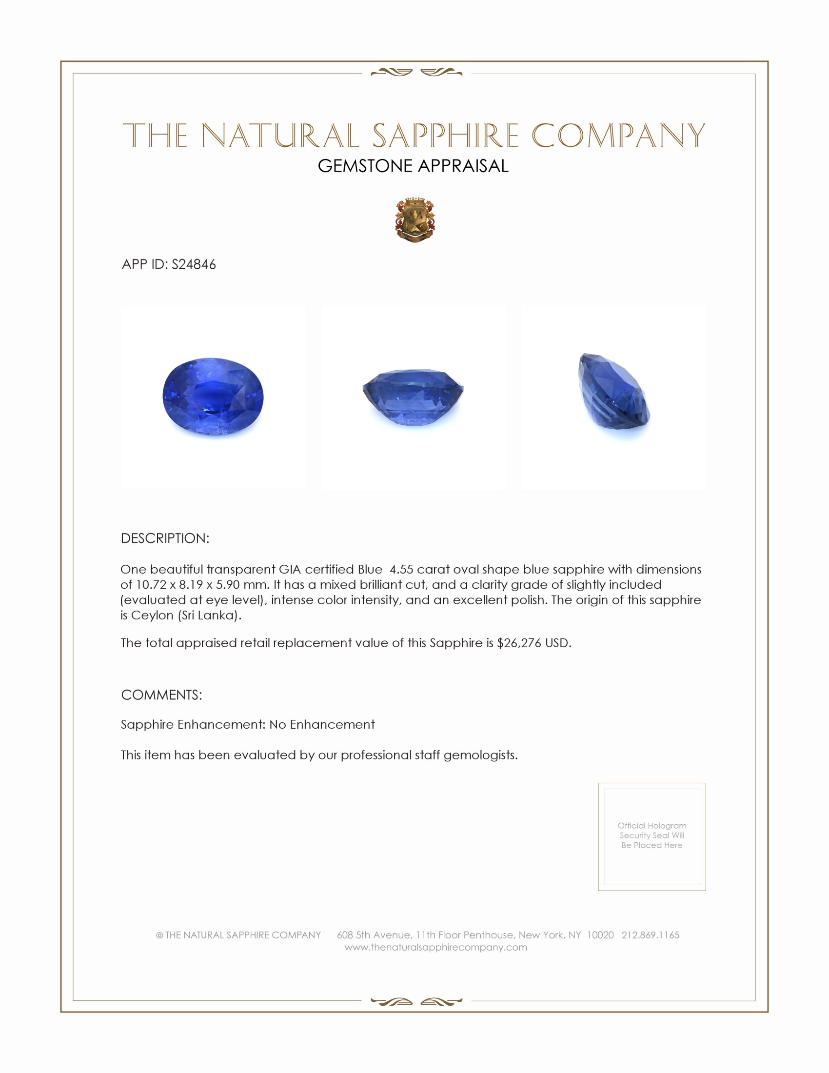 4.55 Ct. Blue Sapphire from Ceylon (Sri Lanka)