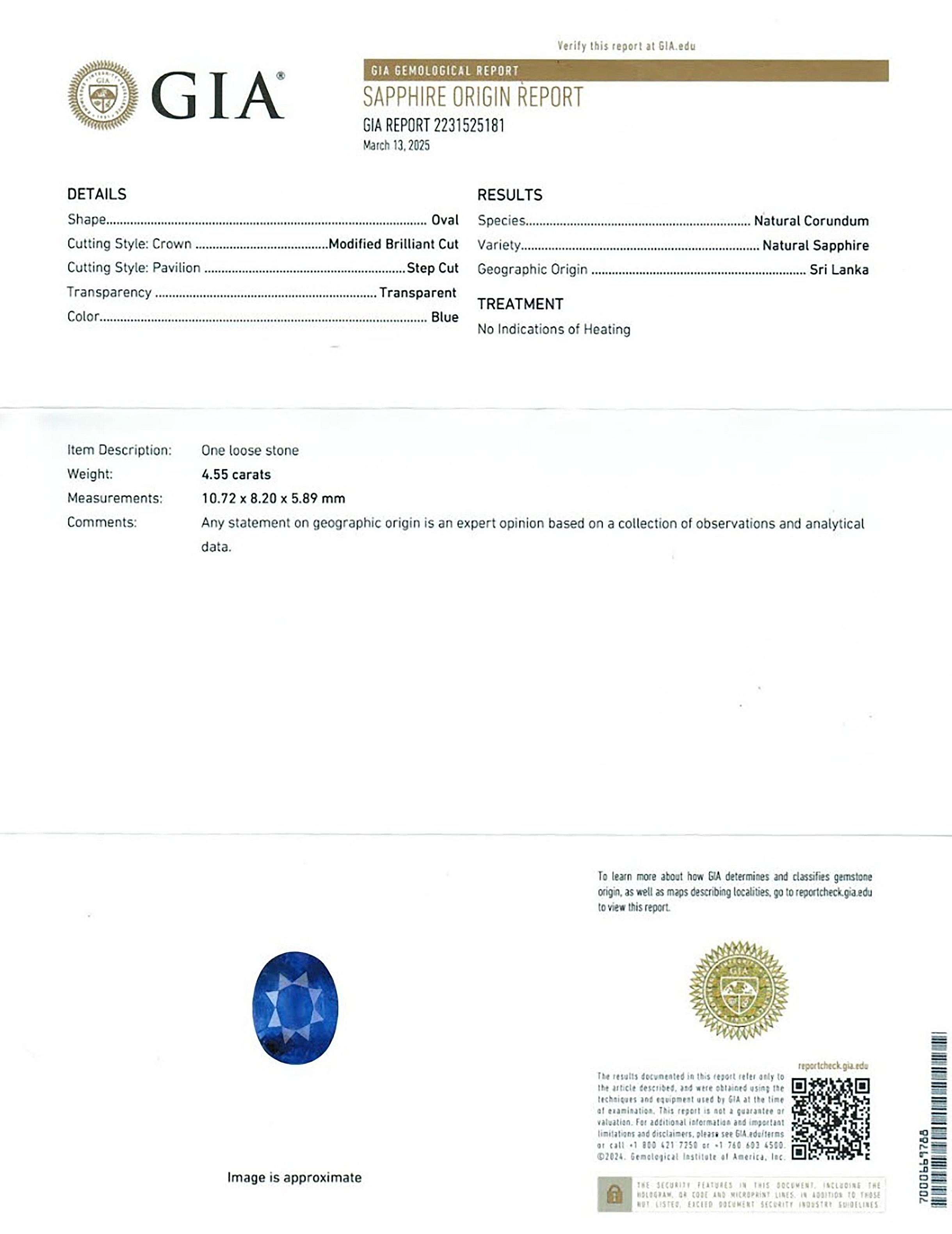 4.55 Ct. Blue Sapphire from Ceylon (Sri Lanka)