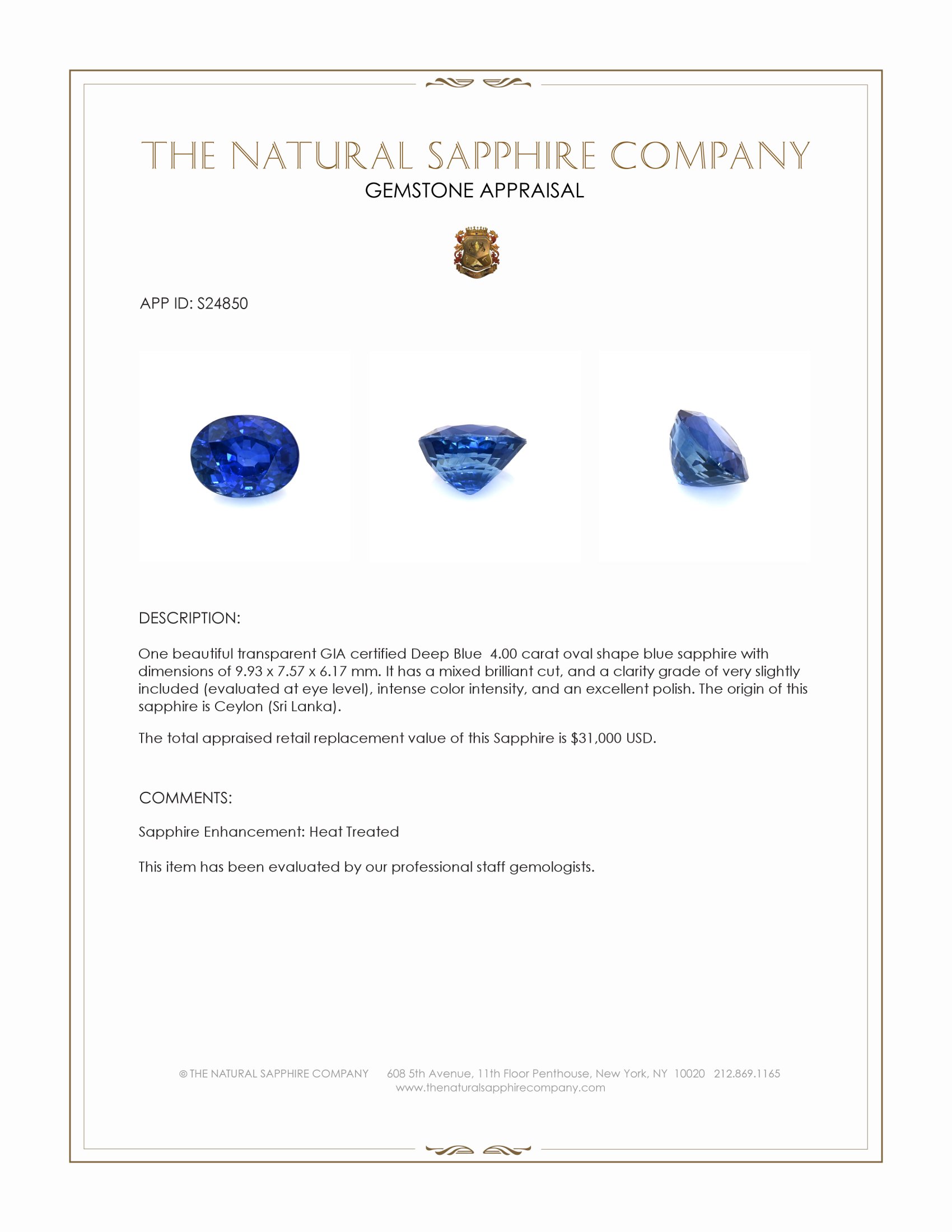 4.00 Ct. Blue Sapphire from Ceylon (Sri Lanka)