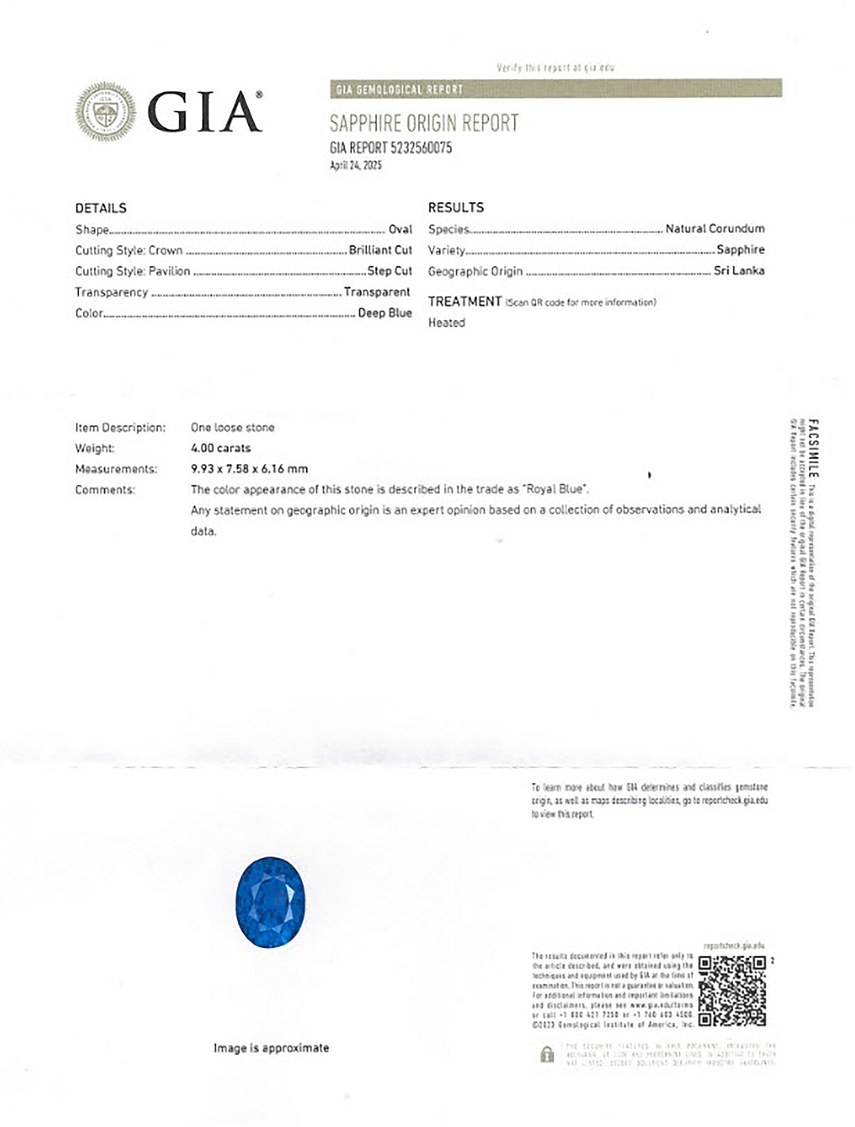 4.00 Ct. Blue Sapphire from Ceylon (Sri Lanka)