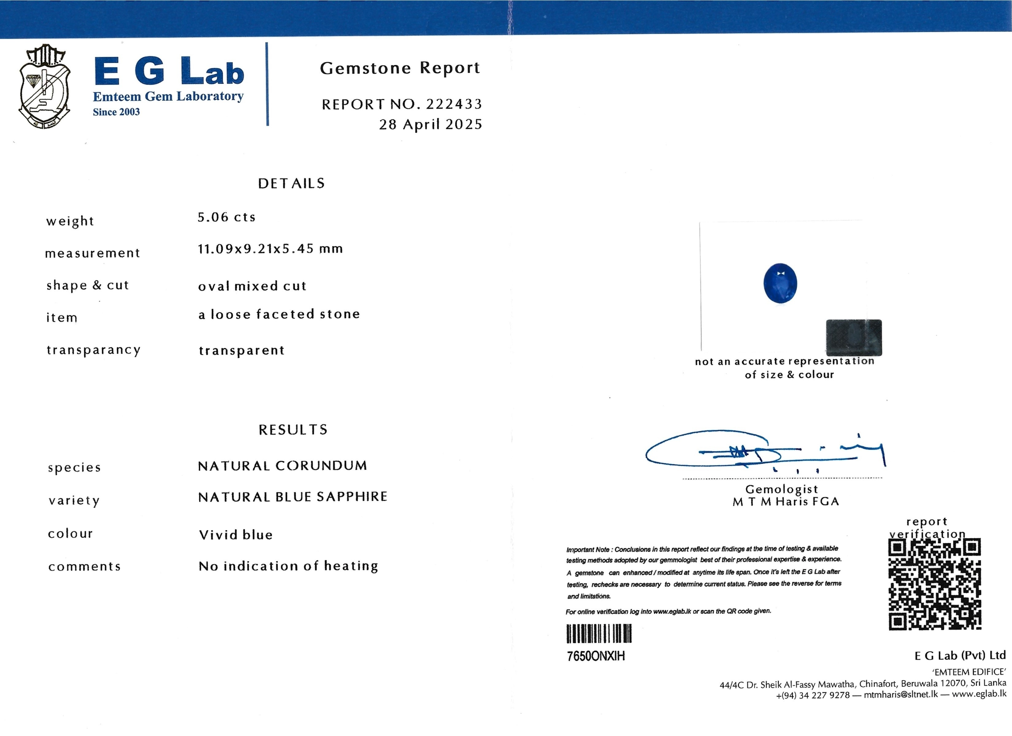 5.06 Ct. Blue Sapphire from Ceylon (Sri Lanka)