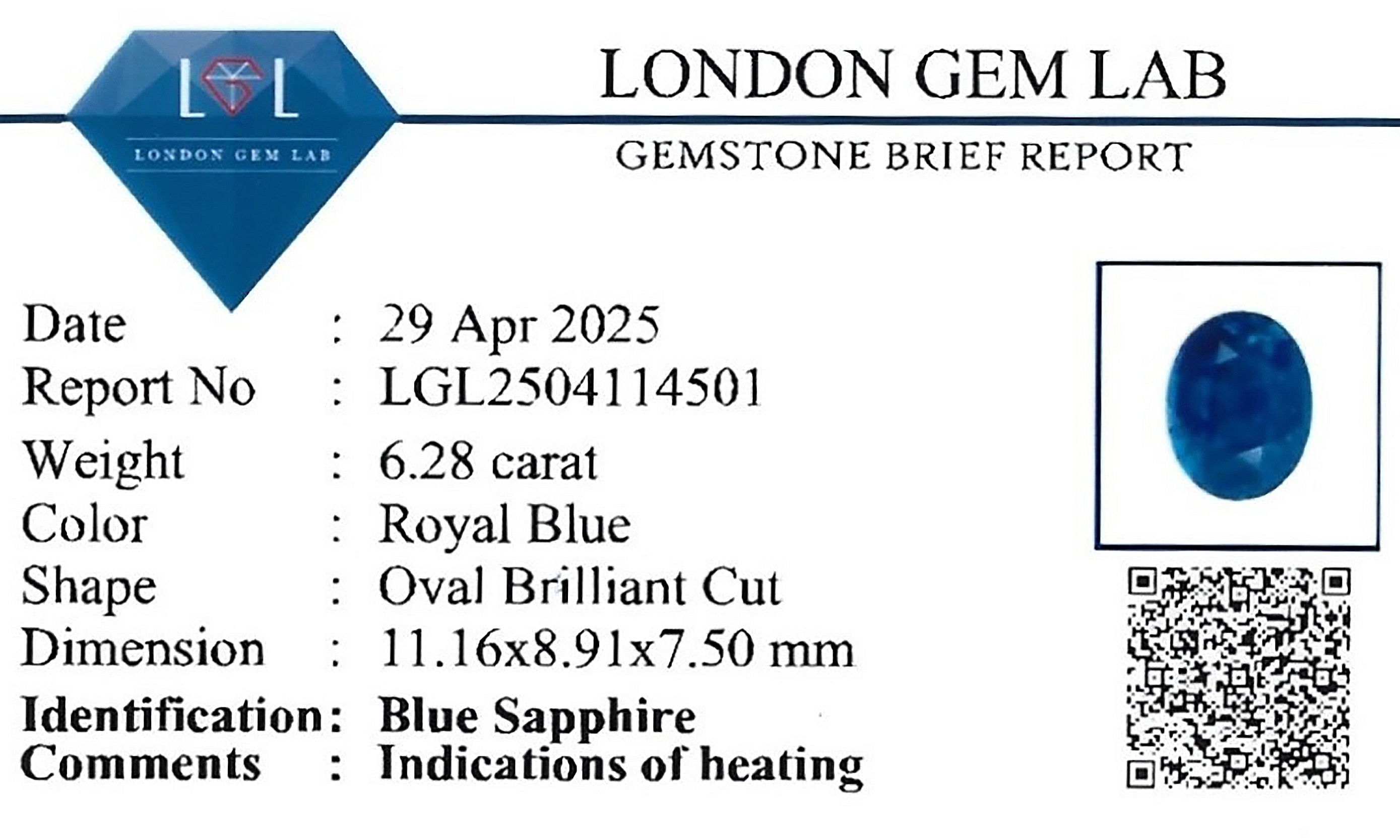 6.28 Ct. Blue Sapphire from Ceylon (Sri Lanka)