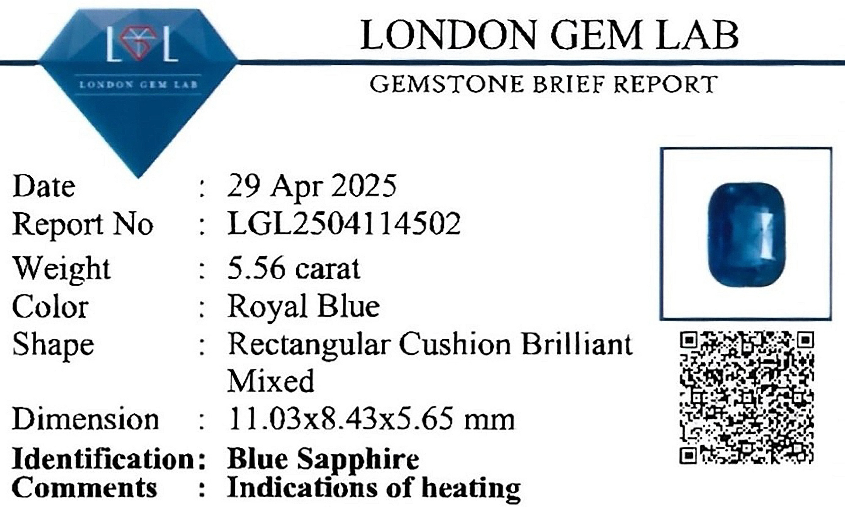 5.56 Ct. Blue Sapphire from Ceylon (Sri Lanka)