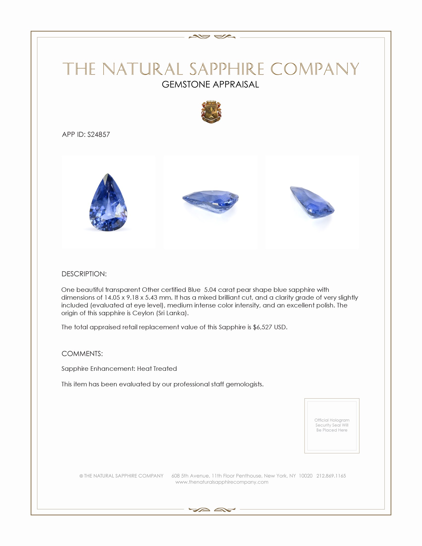 5.04 Ct. Blue Sapphire from Ceylon (Sri Lanka)