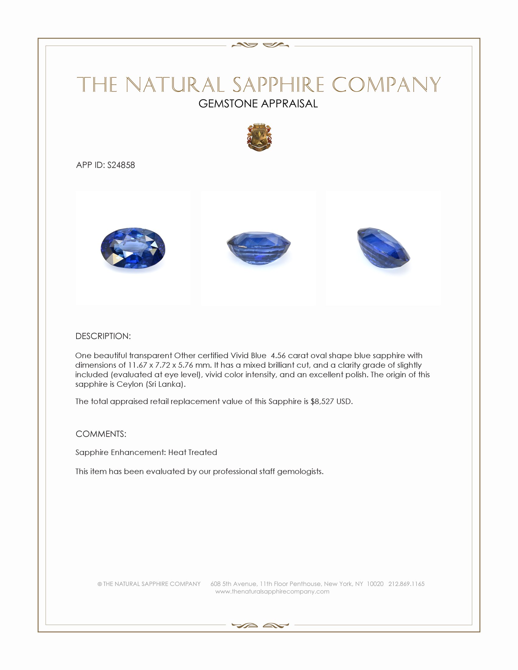 4.56 Ct. Blue Sapphire from Ceylon (Sri Lanka)