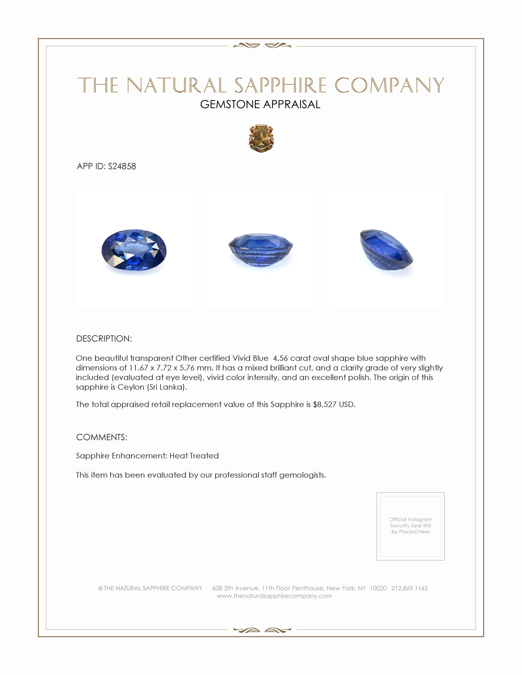 4.56 Ct. Blue Sapphire from Ceylon (Sri Lanka)